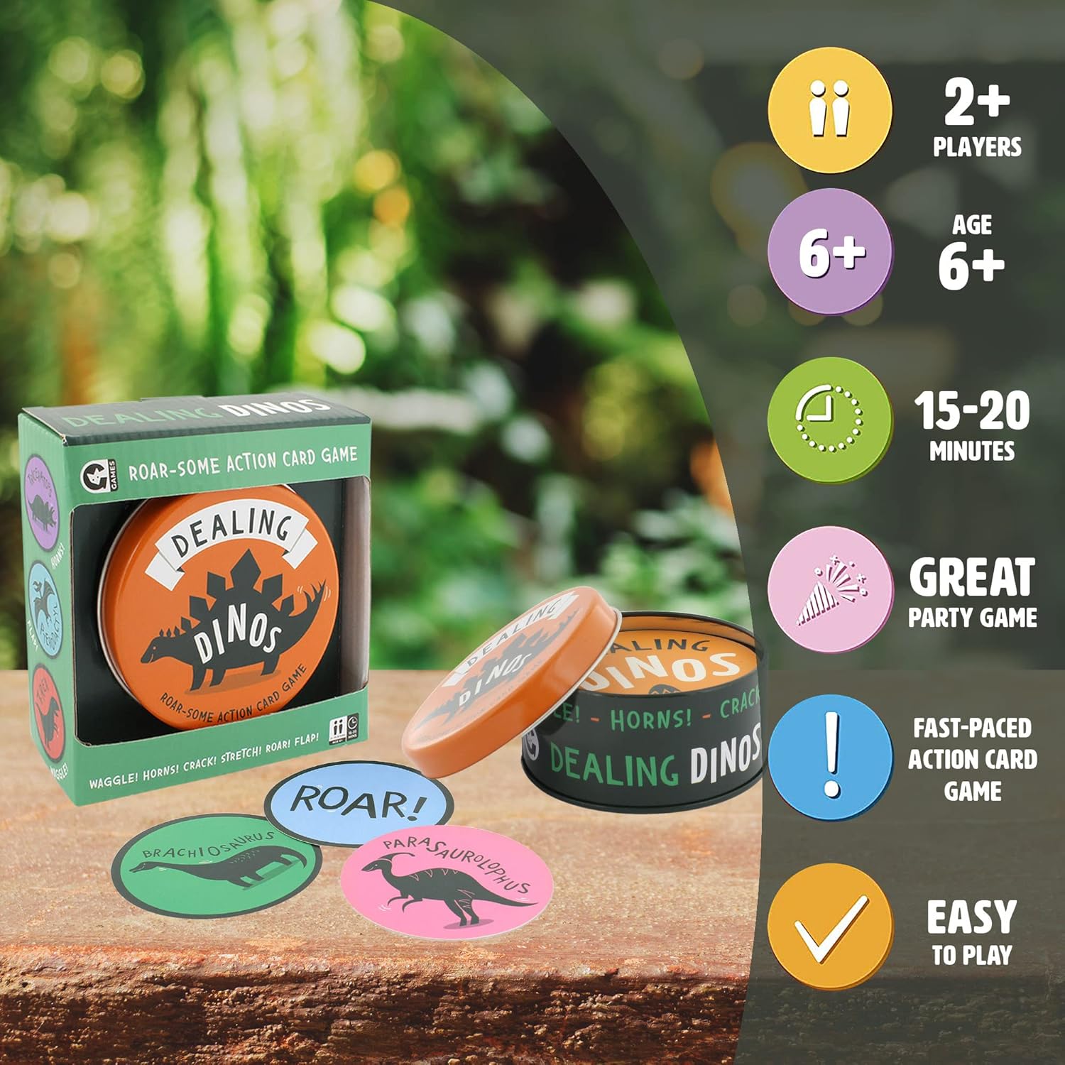 Ginger Fox – Juego de cartas de acción Dealing Dinos Roar-Some. Juegos familiares para mayores de 6 años. Tira Funky Dino Moves y deshazte de tus