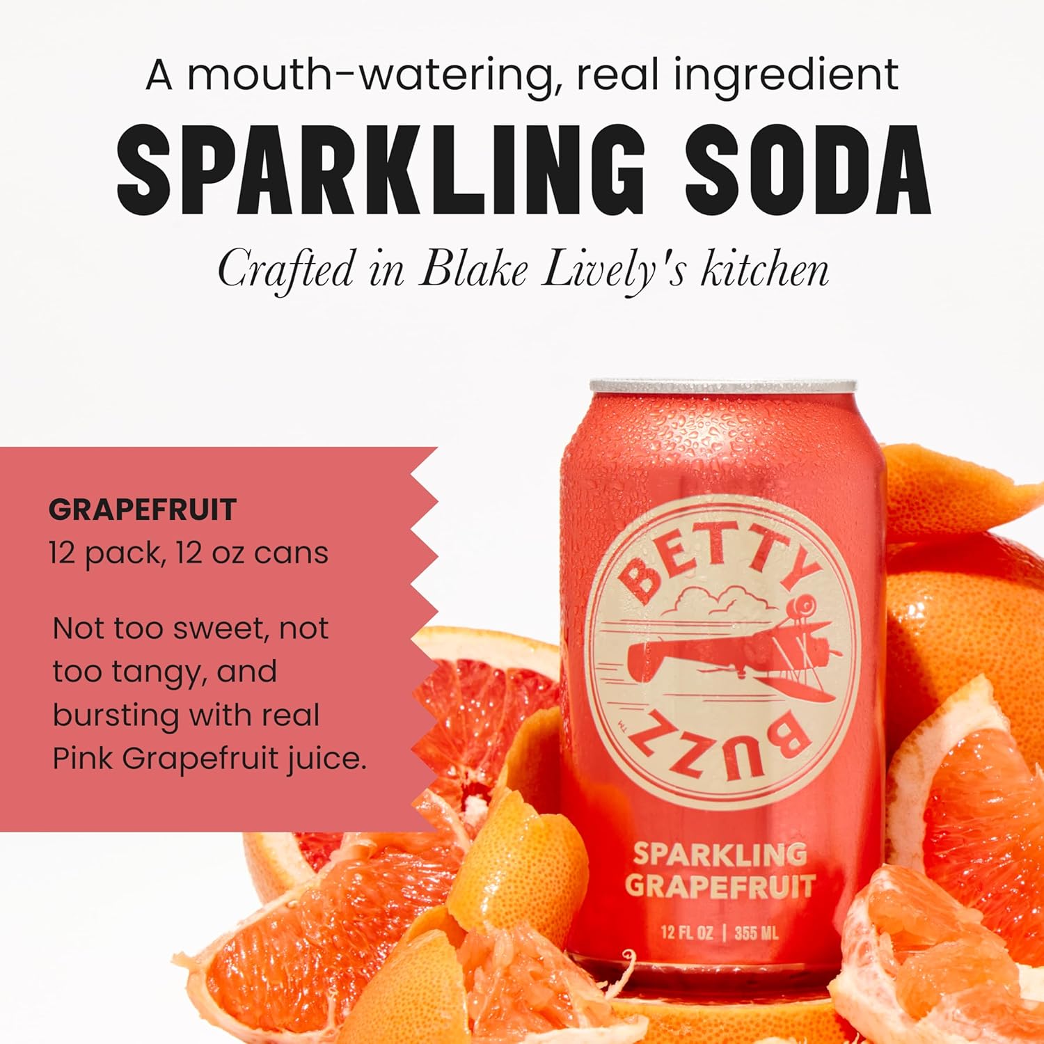 Betty Buzz Blake Lively – Soda espumosa de pomelo espumoso prémium (paquete de 12 latas)  Sabores naturales y edulcorantes, solo ingredientes limpios