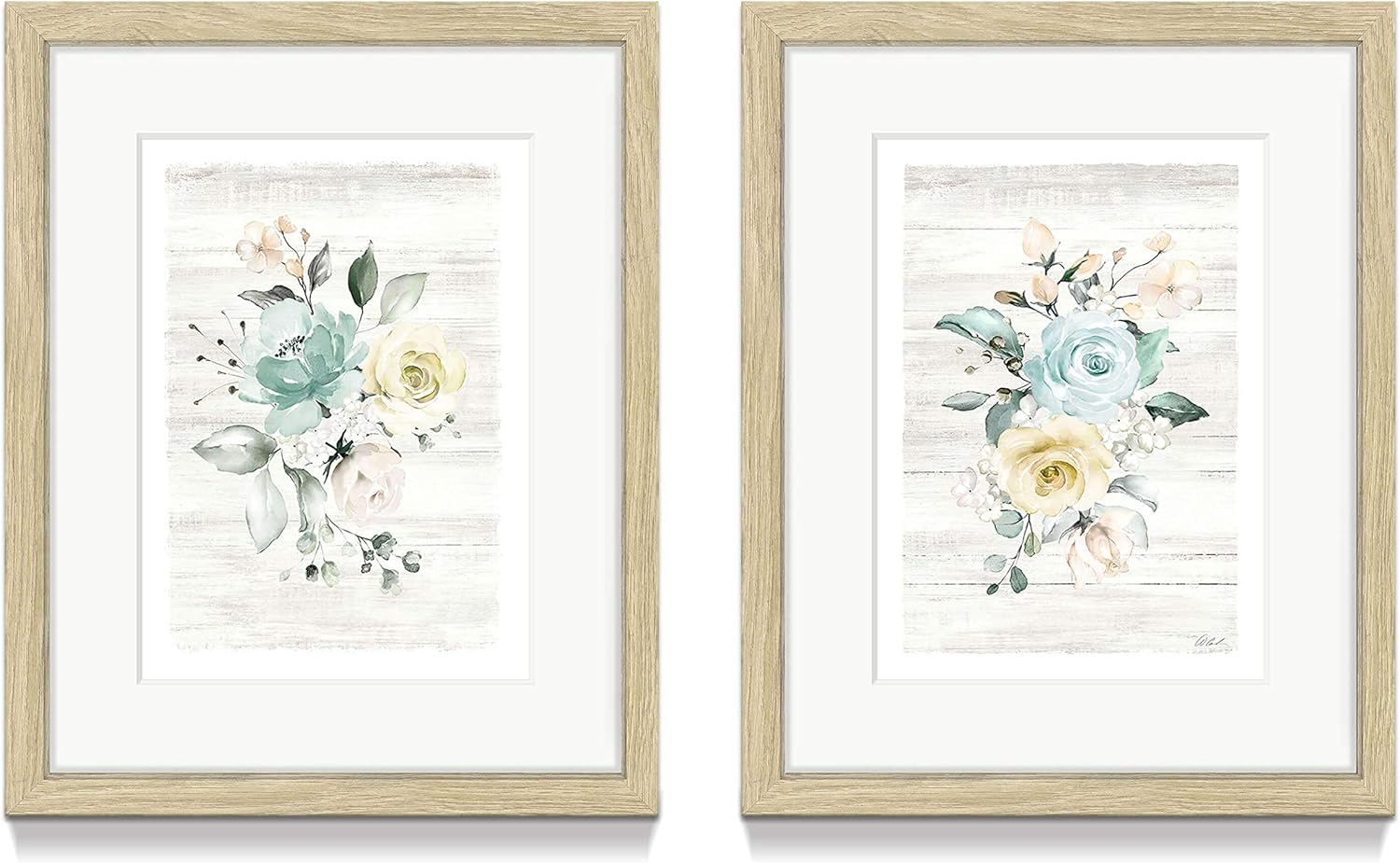 Cuadro de flores enmarcadas para pared, 11 x 14 pulgadas, lindo ramo de flores de rosas, juego de 2 ilustraciones para decoración moderna de la