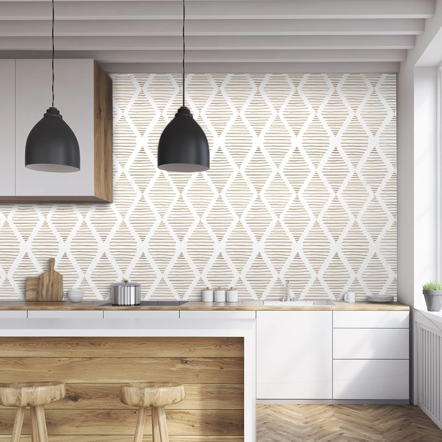 WENMER Papel tapiz geométrico para despegar y pegar de 17.3 x 590 pulgadas, papel tapiz a rayas beige, autoadhesivo, extraíble, papel tapiz adhesivo