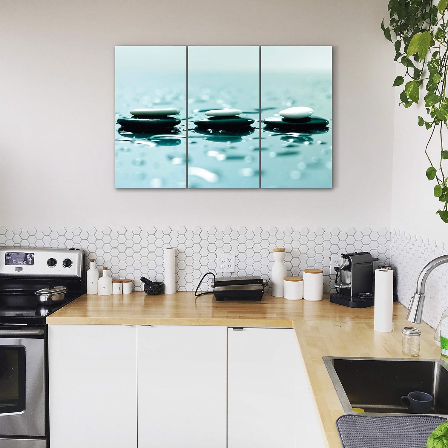 Arte de pared Zen con piedras de 24 x 36 pulgadas, lienzo para decoración de pared zen, arte de pared calmante de 3 paneles, arte de pared relajante