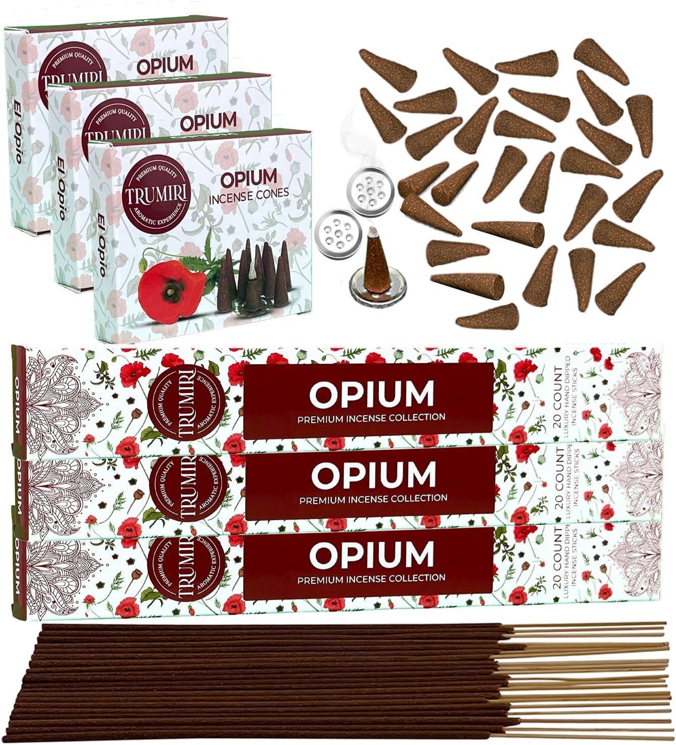 Paquete combinado de varillas de incienso y conos de incienso perfumados de opio, 60 varillas de incienso + 30 conos de insencia, incienso, conos de