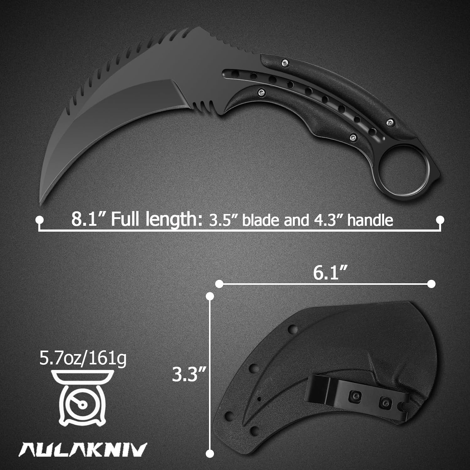 AULAKNIV Cuchillo de garra Raptor de borde dentado de 8.1 pulgadas, cuchillo táctico de hoja fija de espiga completa con funda y clip Kydex,