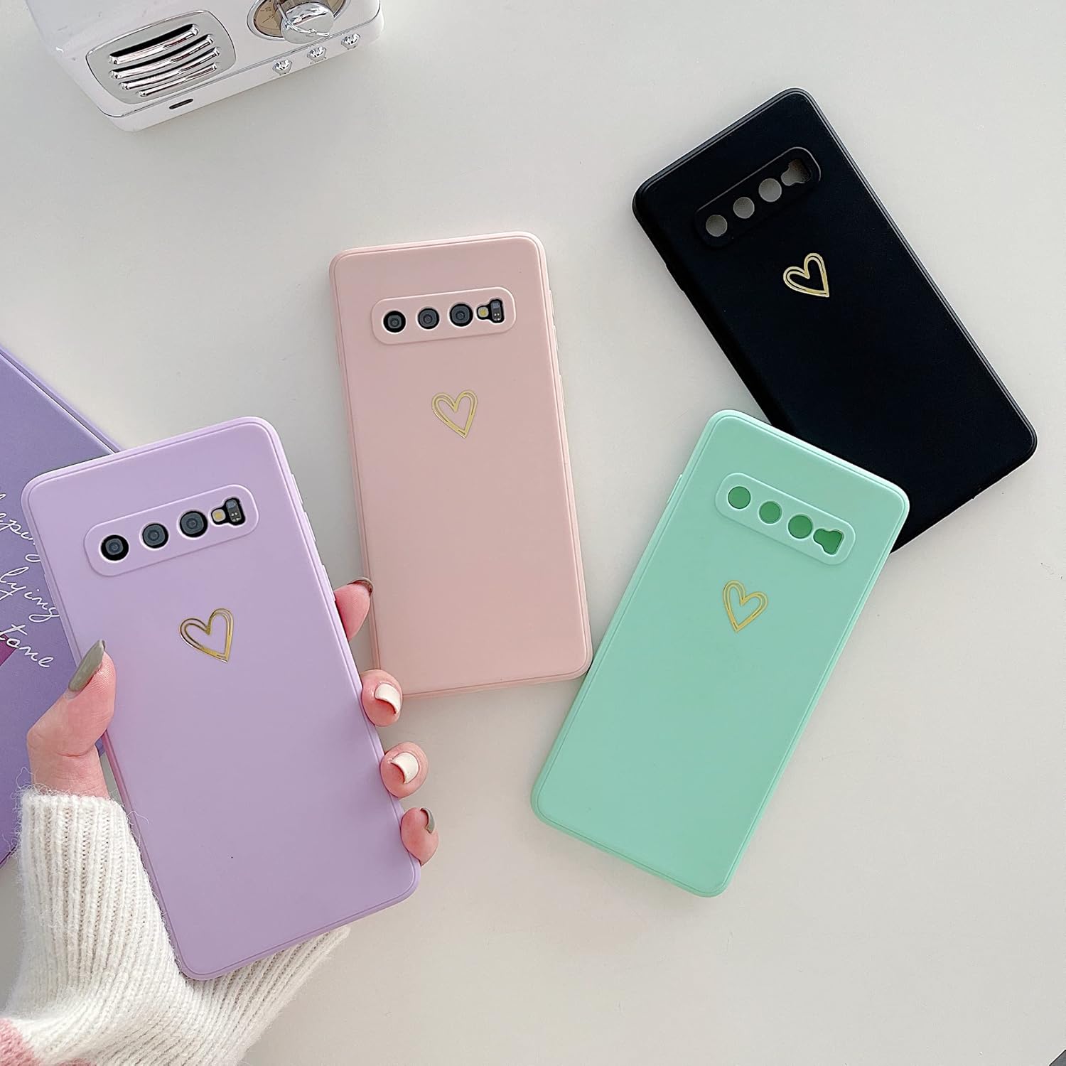 Qokey Funda para Samsung Galaxy S10 (no compatible con S10+), funda de teléfono chapado en amor, lindo patrón de corazón dorado suave a prueba de