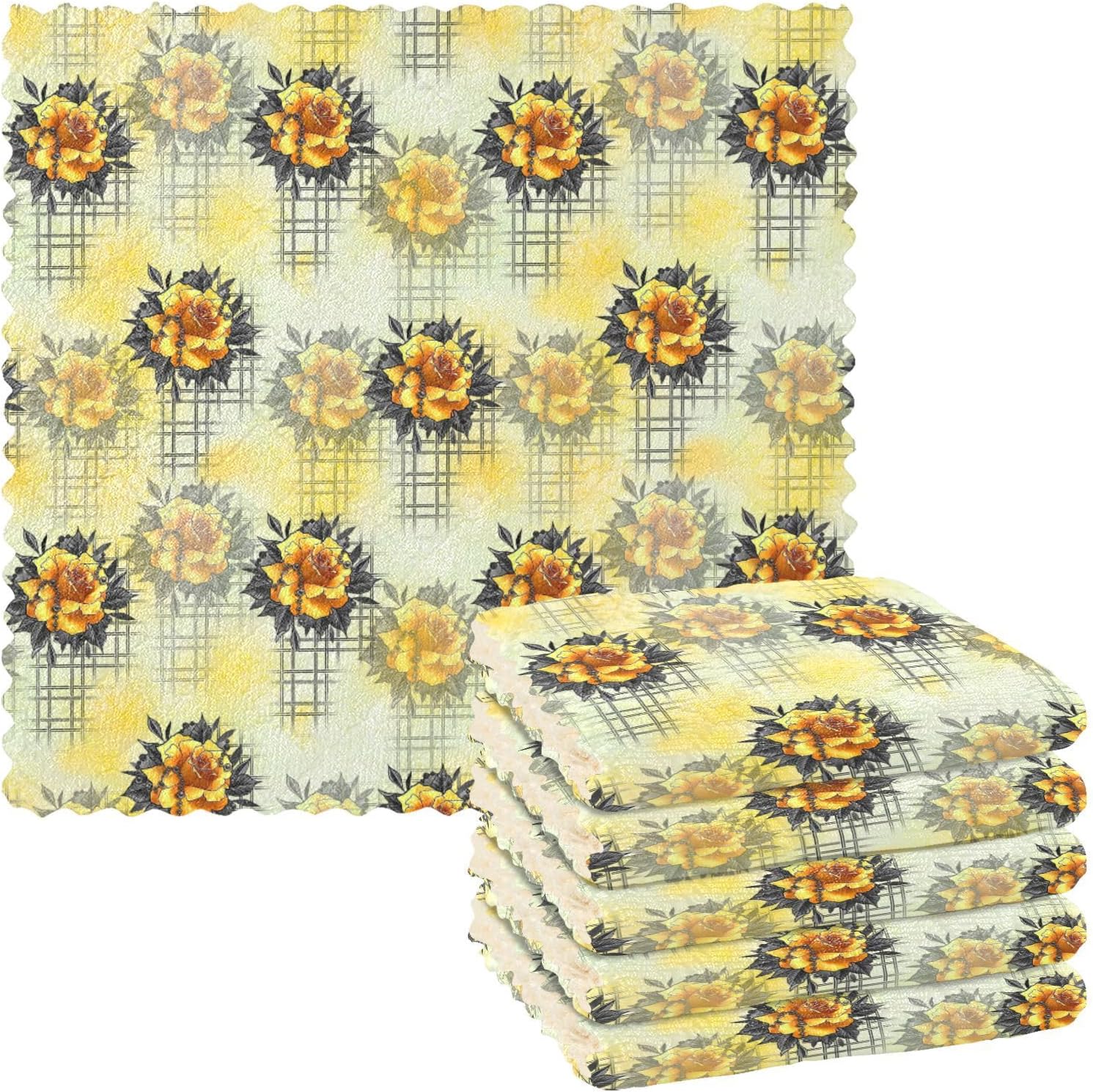 FRODOTGV Lining Rose Flower Soft Decorative Microfiber Dish Drying Towel Absorbent Set of 6 Kitchen Tea Towels for Countertop Coffee