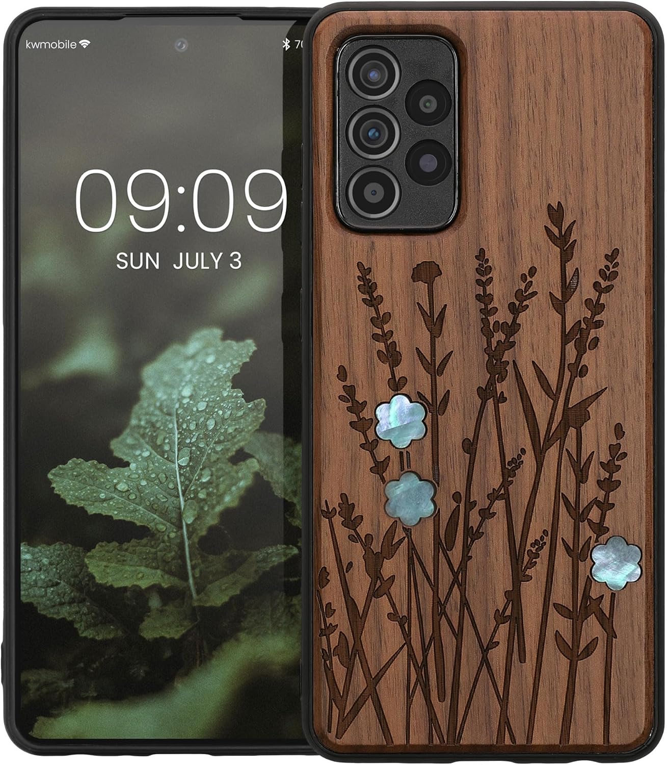 kwmobile Funda de madera compatible con Samsung Galaxy A52  A52 5G  A52s 5G – Funda – Funda – Flores silvestres perla marrón oscuro