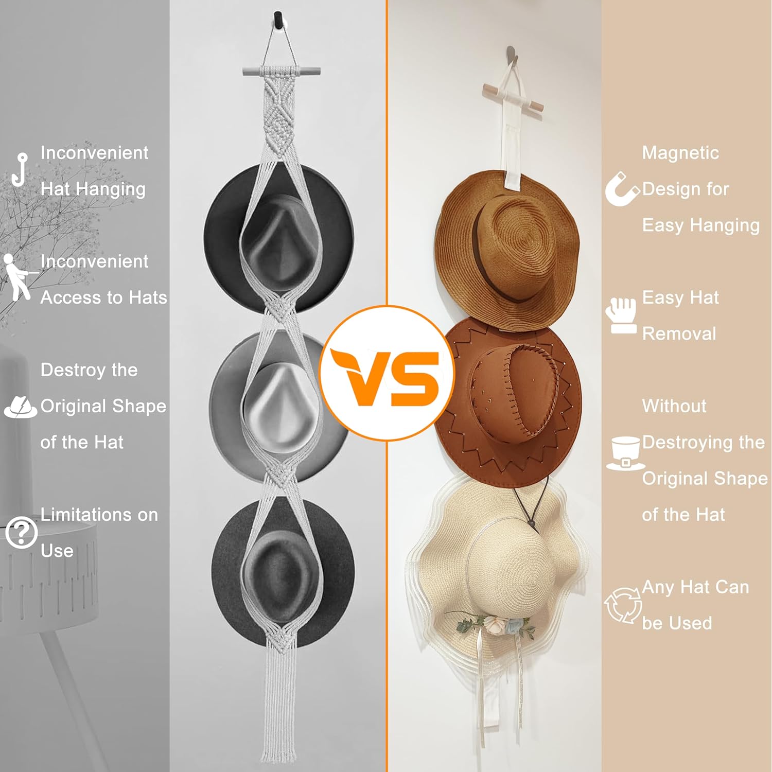 Perchas para sombreros de pared con diseño magnético para colgar en la pared, organizador de gorras para sombreros de ala ancha y varios sombreros