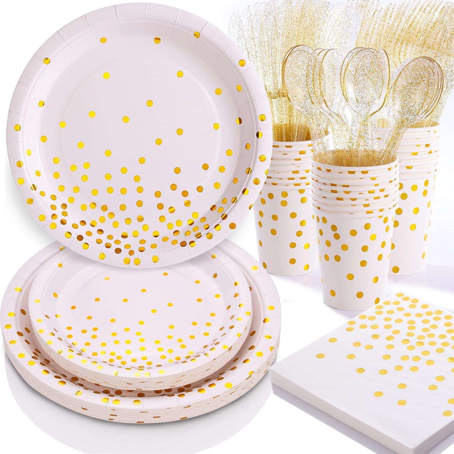 Juego de platos y servilletas de fiesta blancos y dorados, platos de papel desechables con puntos dorados, decoraciones de suministros de fiesta
