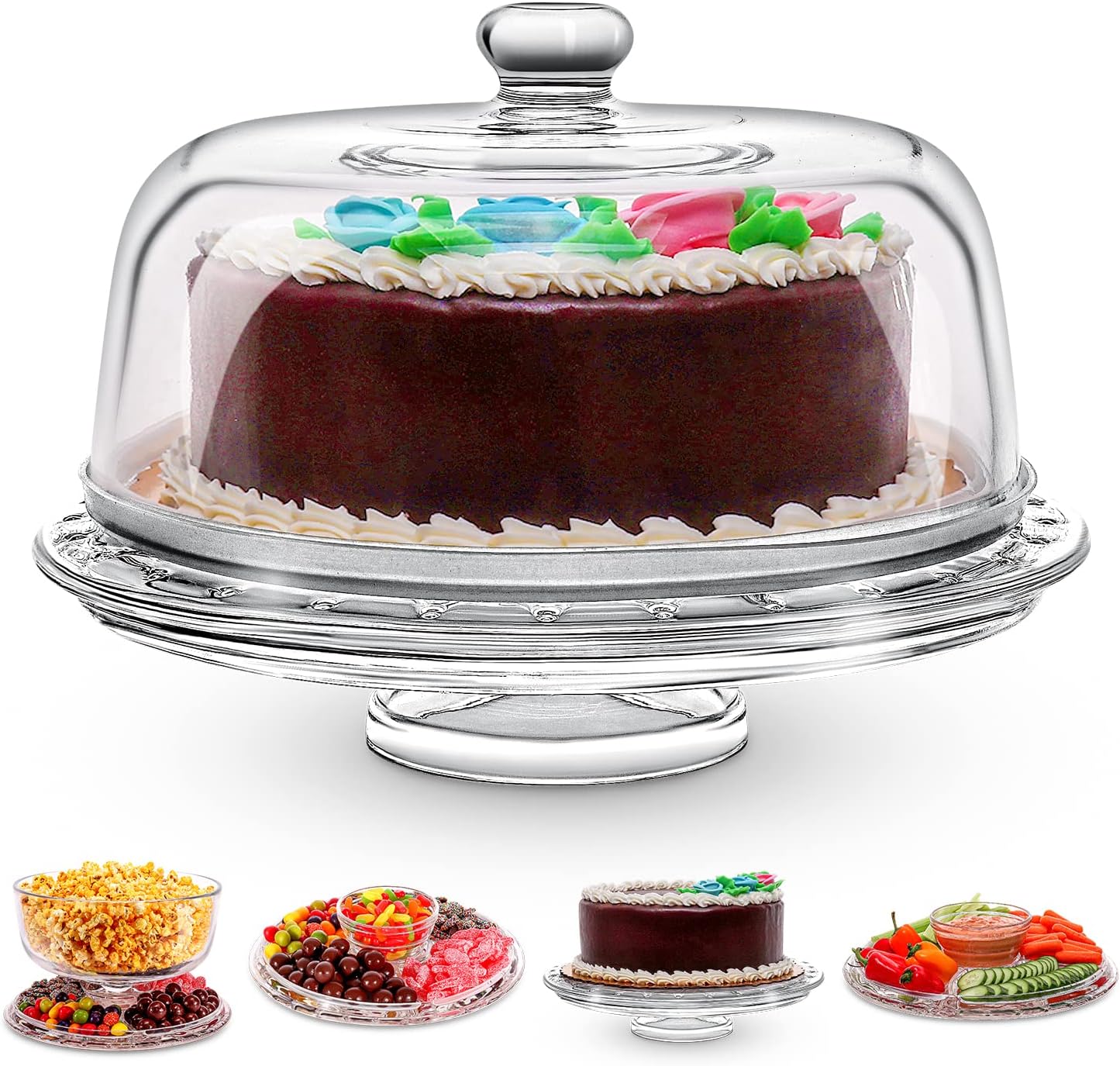 Soporte de vidrio para tartas con cubierta de cúpula (6 en 1) Bandeja multifuncional para servir y plato para tartas, uso como soporte para