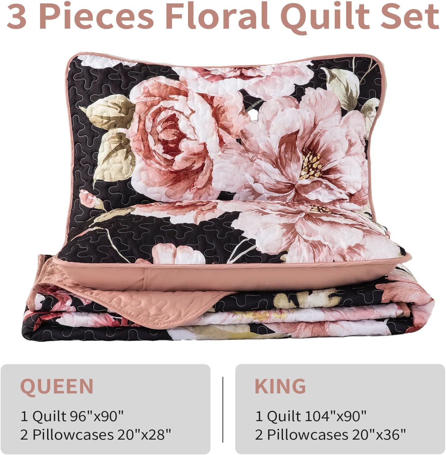 Dobuyly Juego de edredón floral negro tamaño King, 3 piezas de flores botánicas rosas impresas en negro, juego de ropa de cama de microfibra suave y