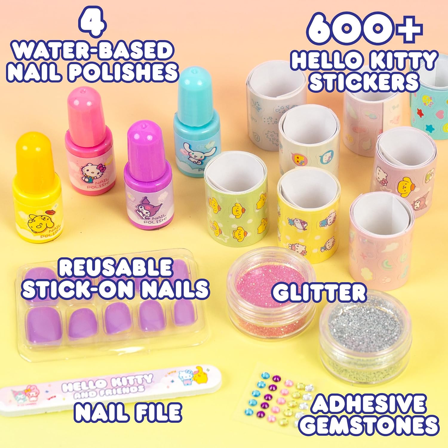 Hello Kitty and Friends – Kit de arte de uñas brillante para manualidades, uñas de Hello Kitty, juego de esmalte de uñas para niños, juego de