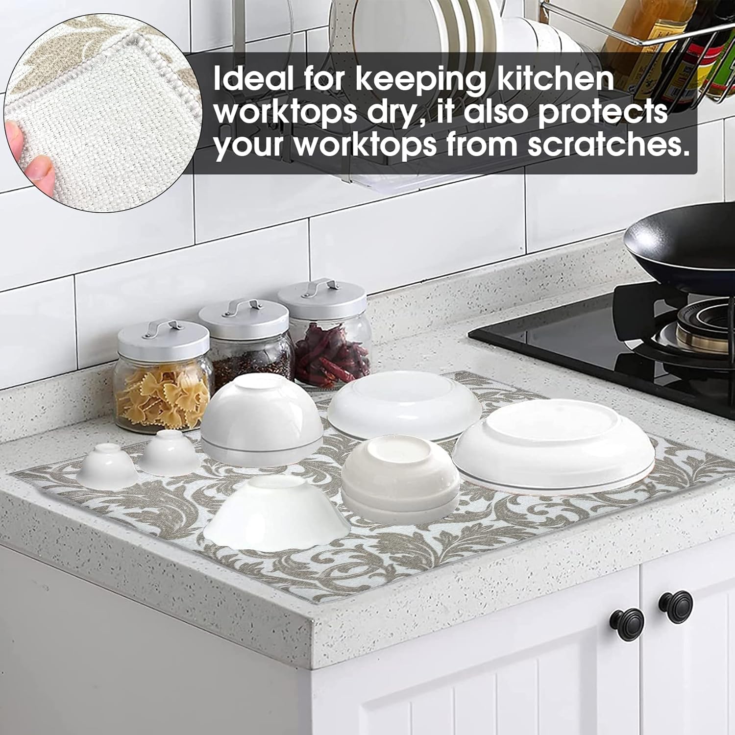 Tapete de secado de platos de tela absorbente, reversible, de microfibra, de secado rápido, tapete para encimera de cocina, tapete cuadrado