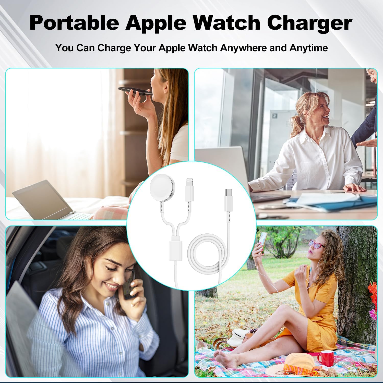 Cable de carga USB C mejorado para Apple Watch, certificado Apple MFi, cable de carga magnético para iWatch de 6 pies, cable de carga tipo C 2 en 1