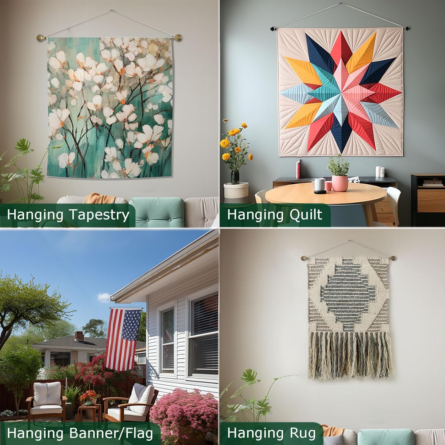 HoHpHq (2 juegos de colgadores de pancartas para tapiz, telescópico y bloqueable, barra para colgar en la pared de 22 a 44 pulgadas para colcha,