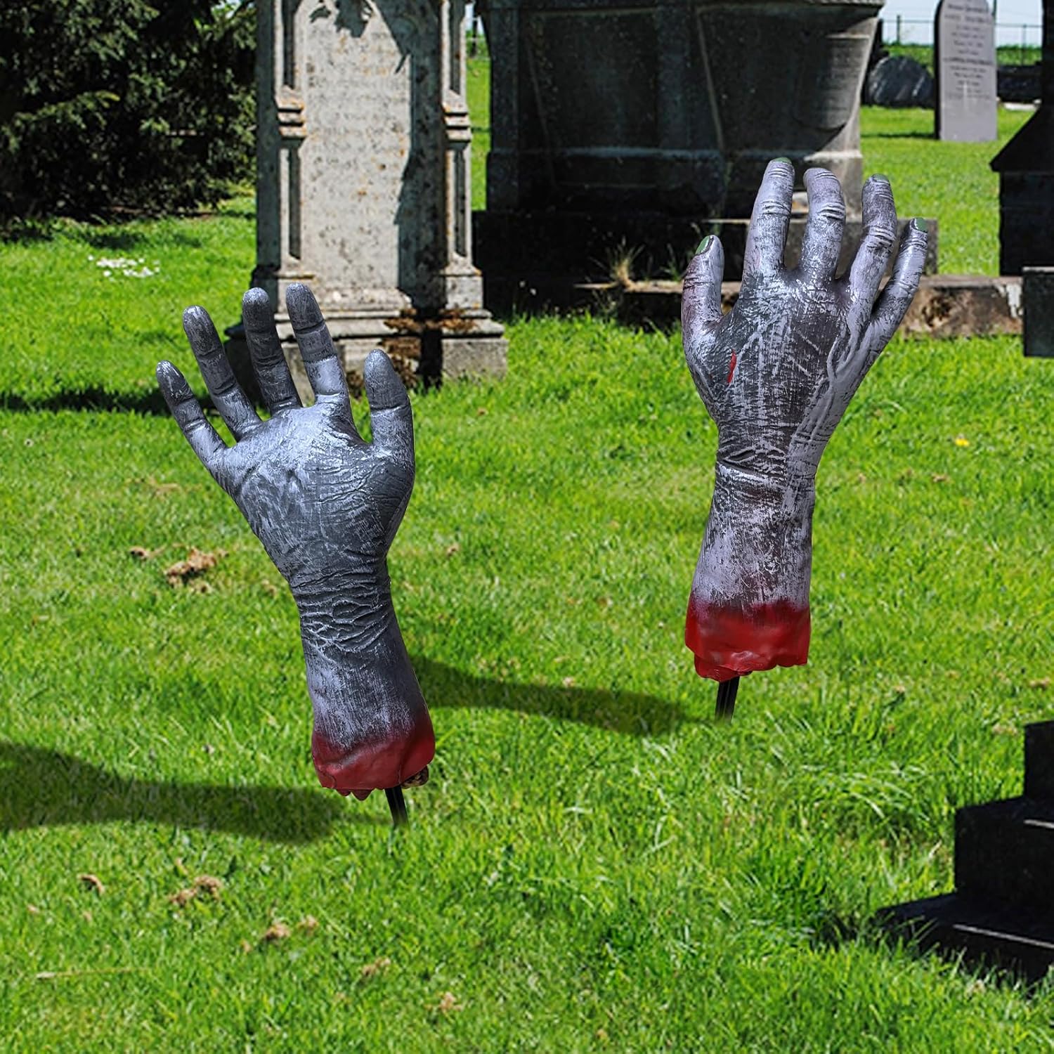 Estacas de brazo zombi de Halloween, estacas de brazo de manchas de sangre, juego de manos falsas de aspecto realista para estacas de césped,