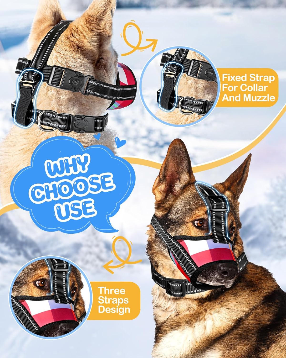 Bistup Bozal para perros de tamaño mediano, bozales suaves, antimordeduras, collar de masticación y tres tiras reflectantes, permite beber paño de