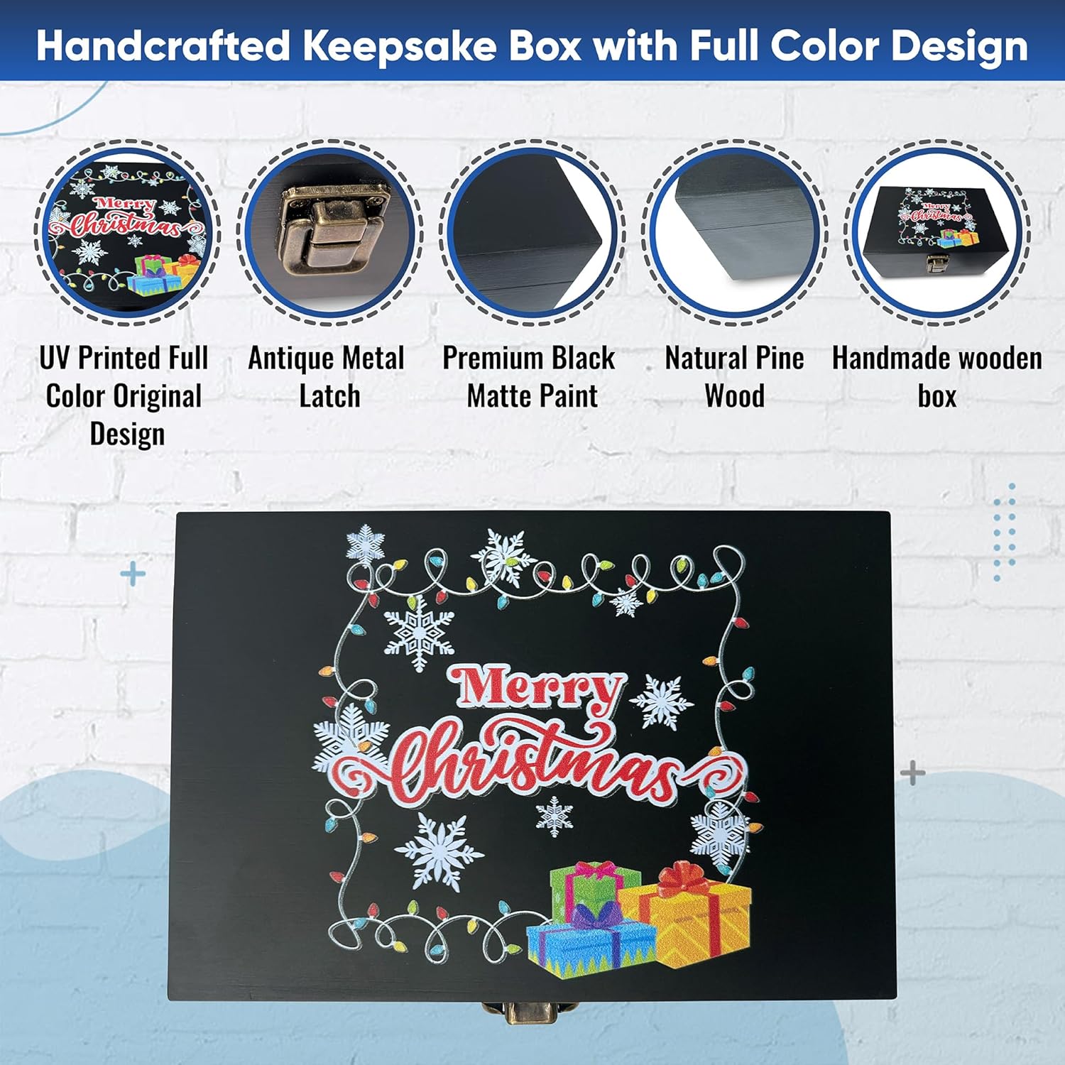 Caja de recuerdos decorativa de Merry Chritmas, caja de almacenamiento de madera negra para Navidad, mujeres, hombres, mamá, papá, fiestas de