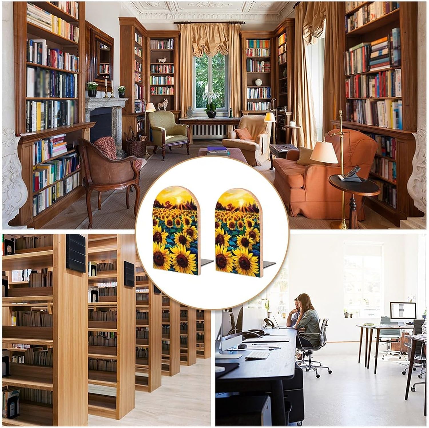 Sujetalibros de madera resistente para estantes de pintura al óleo de girasoles para estantes, antideslizantes, resistentes, decorativos, para el