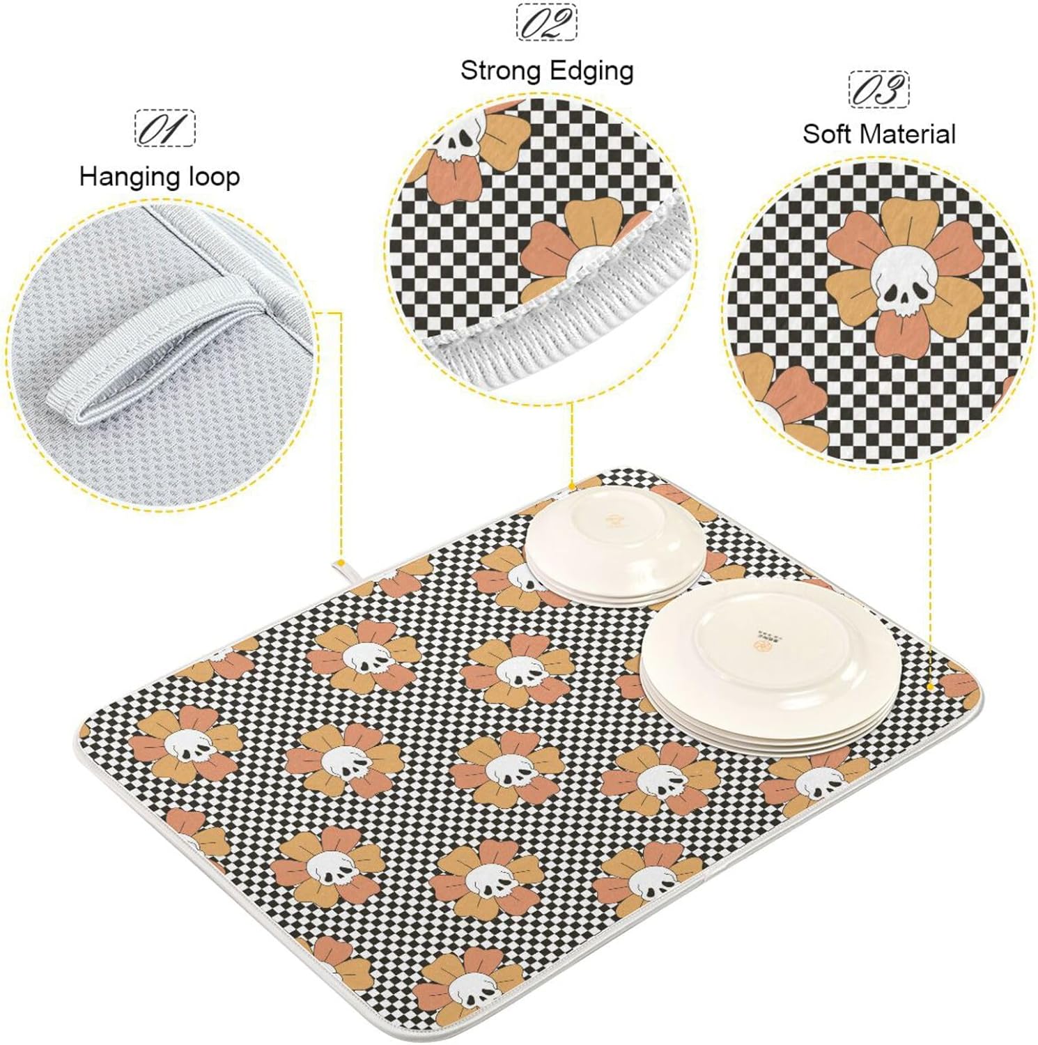 Tapete de secado de platos de calavera floral, lavable, absorbente, tapete de secado para encimera de cocina, tapete de goma para encimera, 16 x 18