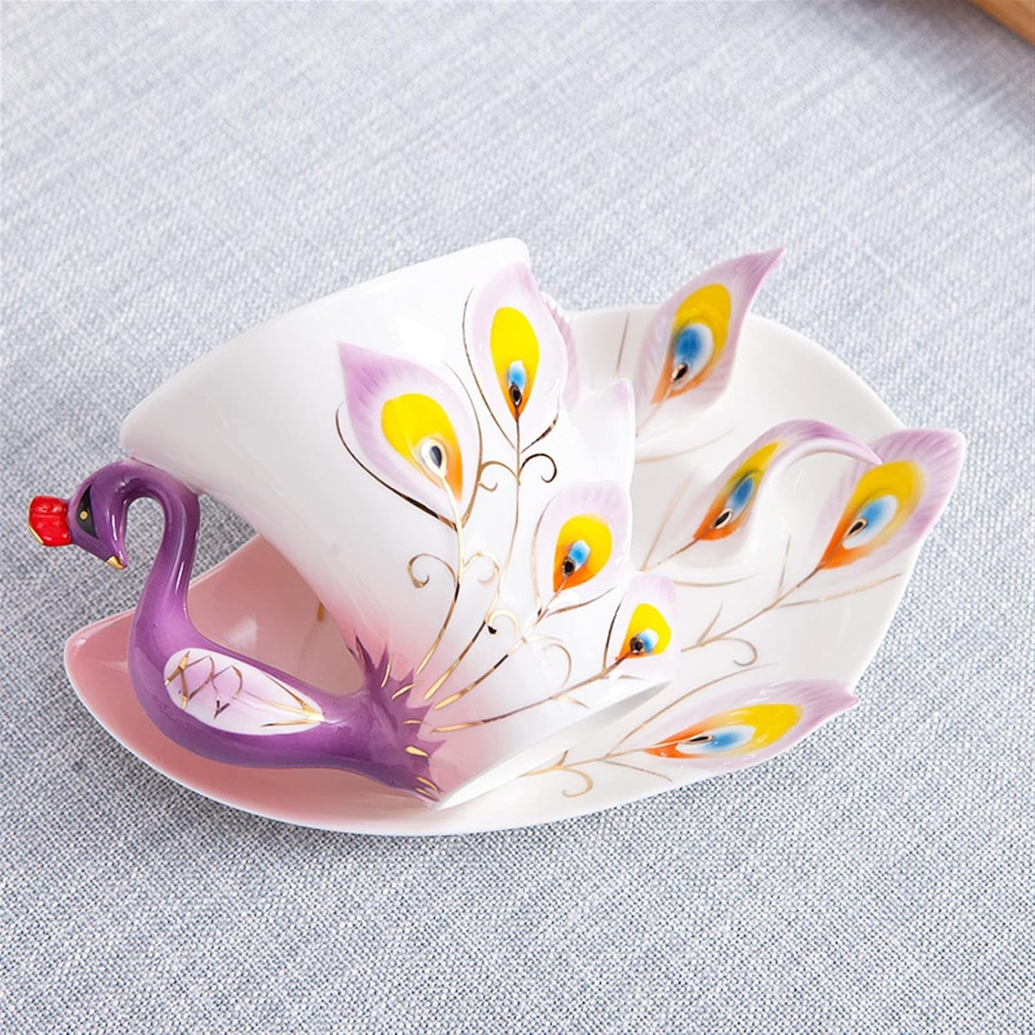 Taza, taza de escritorio de café, taza de cerámica creativa 3D hecha a mano de porcelana esmaltada de pavo real taza de café con platillo y cuchara,