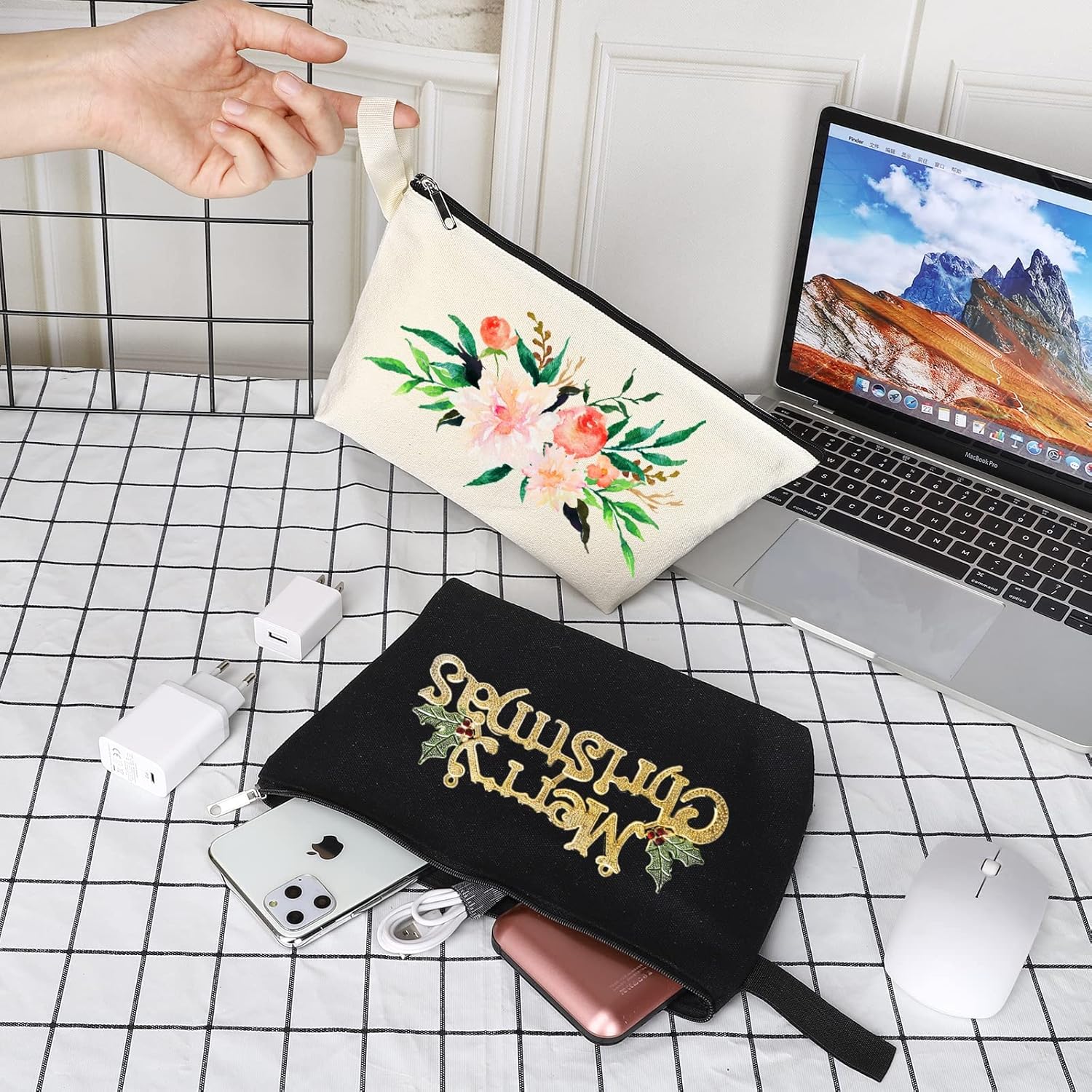 10 bolsas de maquillaje de lona de algodón con parte inferior y correa, bolsa de cosméticos multiusos con cremallera, bolsa de aseo de viaje, bolsa