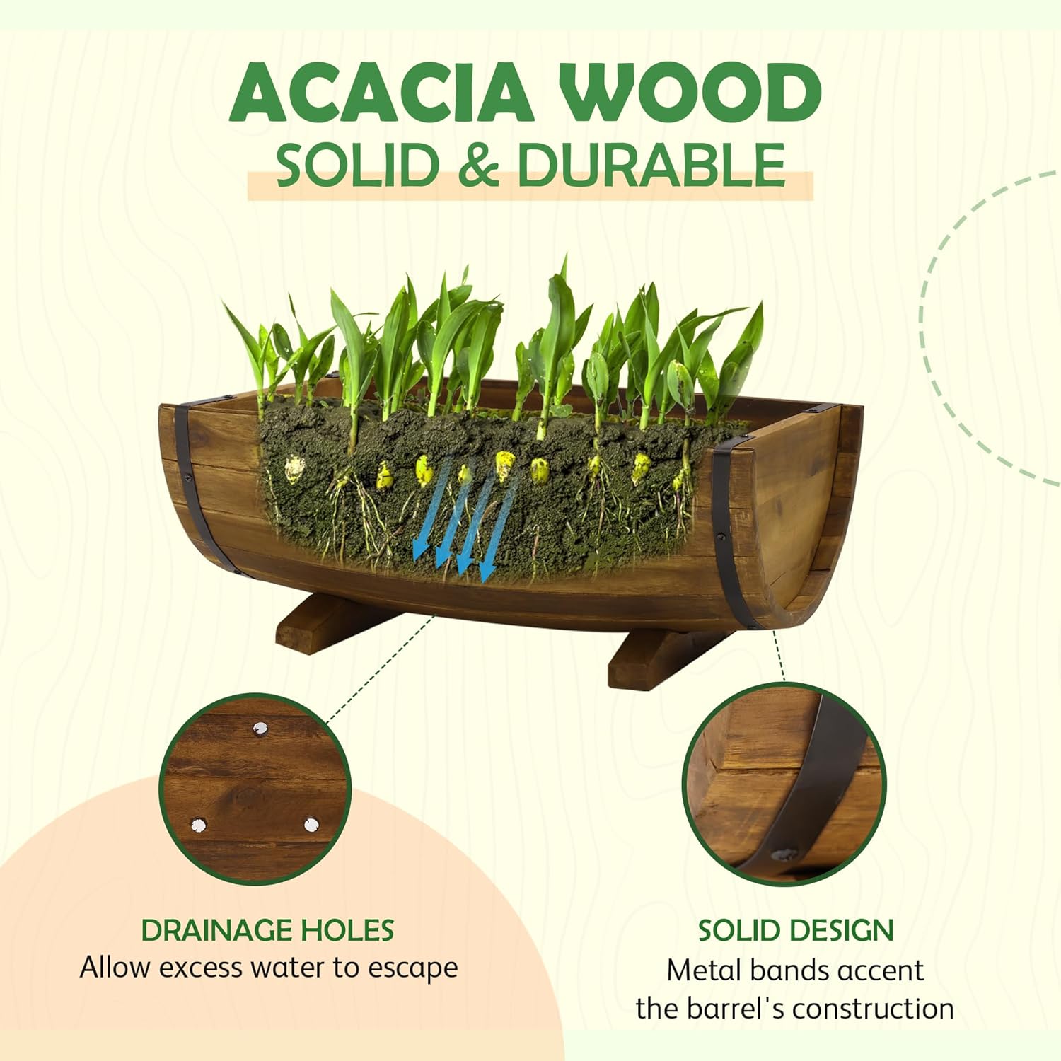 Macetas de madera de acacia maciza de medio barril para exteriores, juego de 2 tamaños diferentes, macetas de madera para plantas al aire libre con