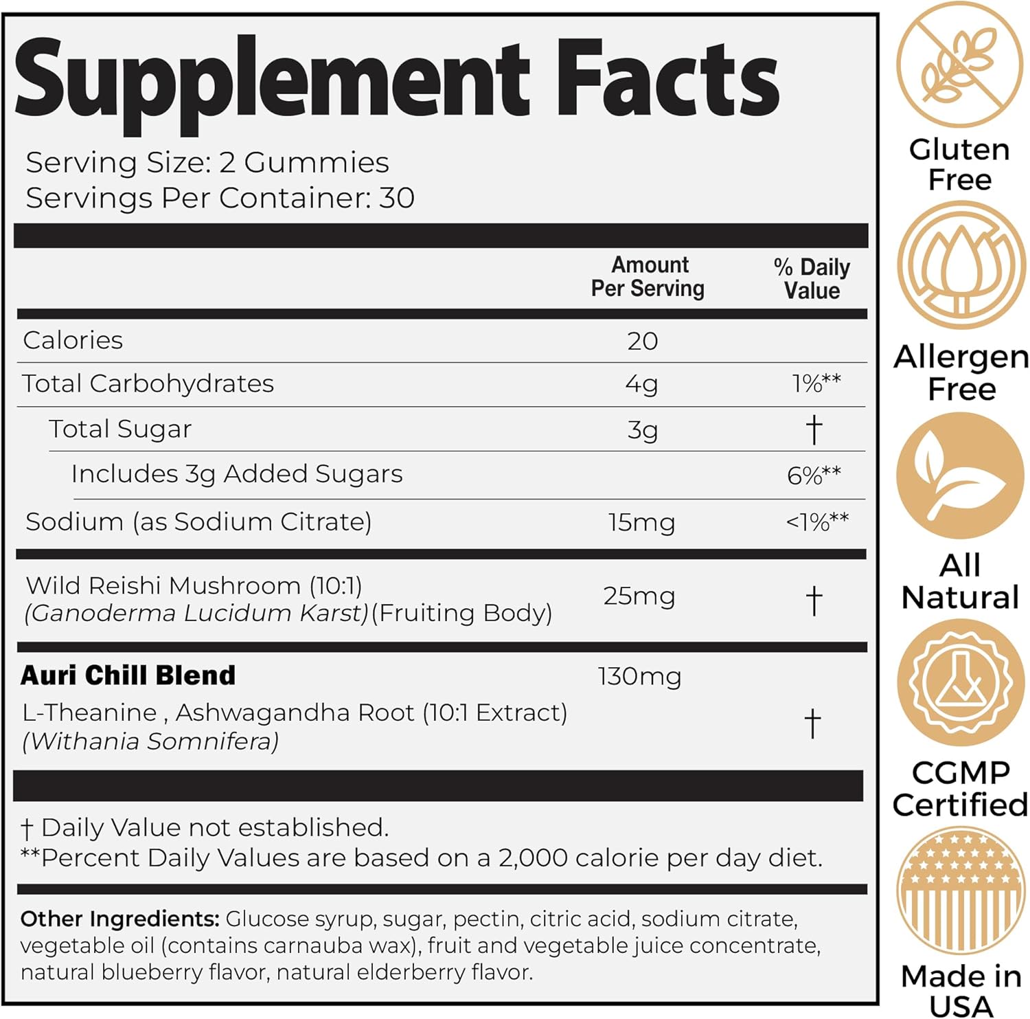 Auri Gomitas Super Mushroom Chill  Ayuda calmante natural y suplemento de reducción del estrés para adultos con hongo Reishi, Ashwagandha, L-teanina
