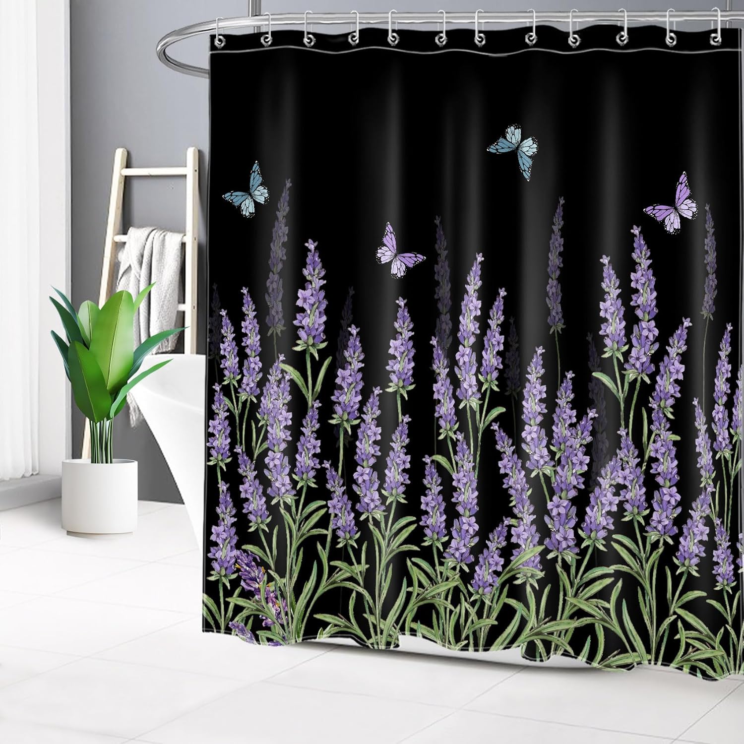 LB Butterfly and Floral Shower Curtain Sets with Rugs Lavender Flower with Green Leaves on Black Fabric Shower Curtain with Hooks Nature Botanical