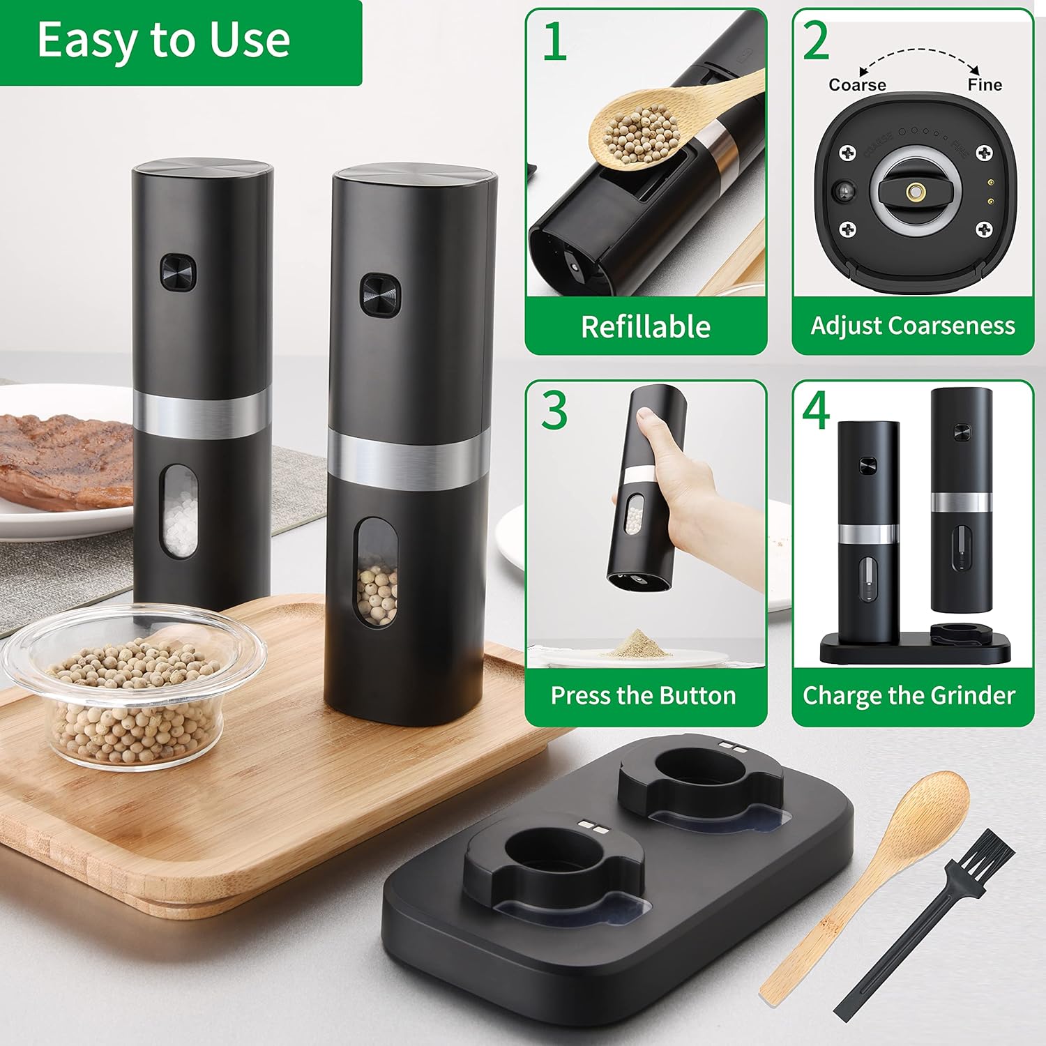 Juego de molinillo eléctrico de sal y pimienta, recargable con base recargable, 2 molinillos de grosor ajustables con cuchara, cables USB (negro
