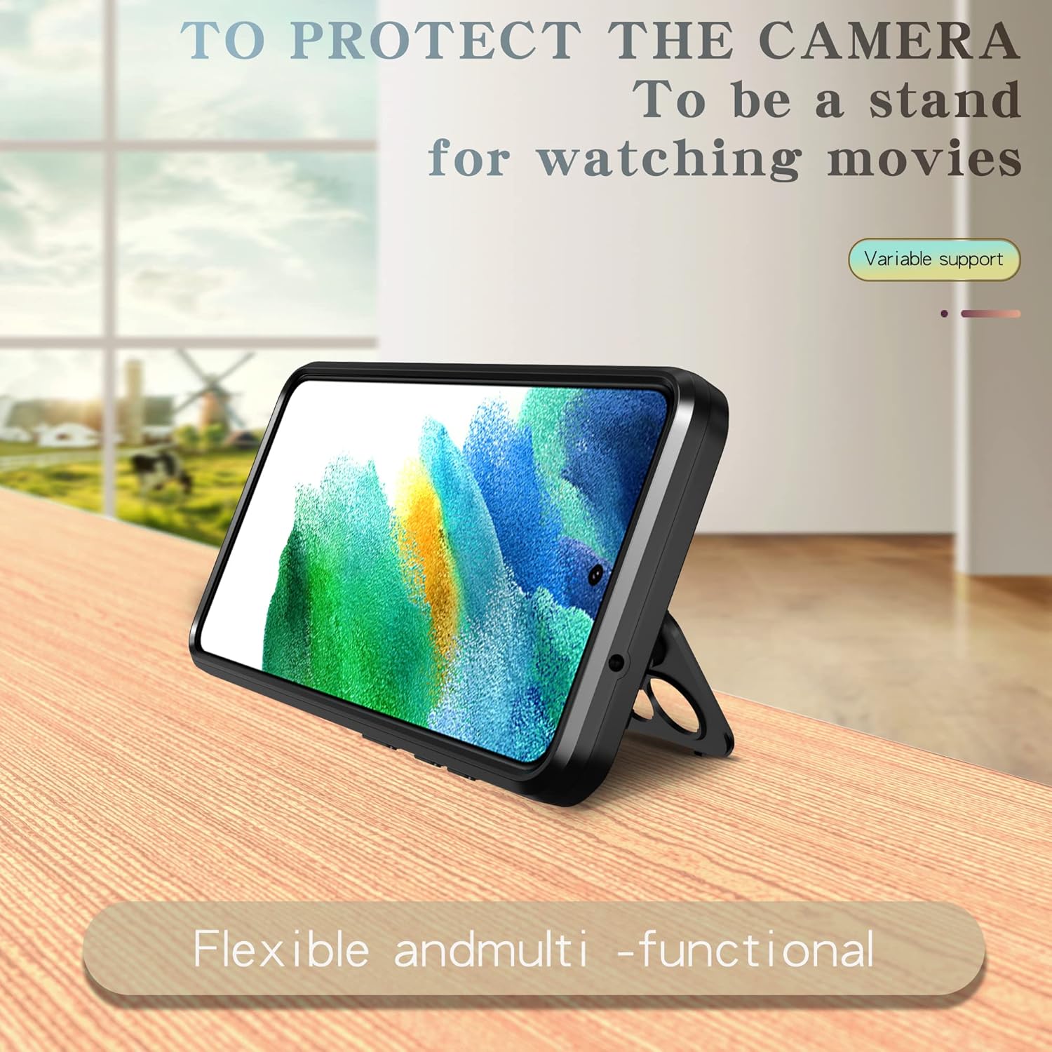 Asuwish Funda de teléfono para Samsung Galaxy S21 FE 5G con protector de pantalla de vidrio templado y soporte delgado, accesorios móviles híbridos