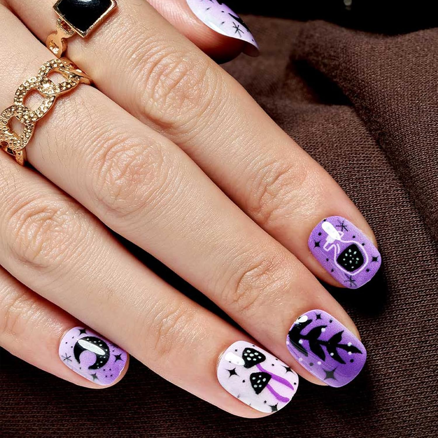 GLAMERMAID – Uñas postizas extra cortas a presión, uñas de gel con pegamento de serpiente y hongos góticos, 24 unidades, redondas, reutilizables,