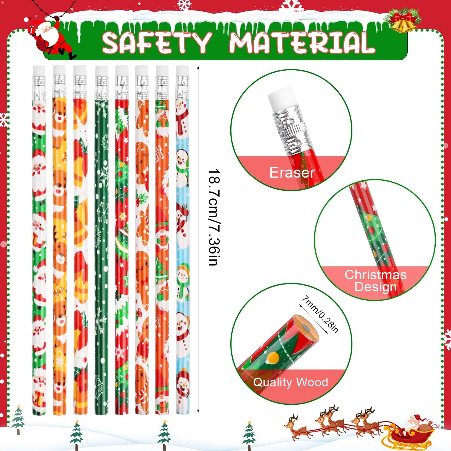 Lápices de Navidad con borrador, 32 lápices temáticos de Navidad con Papá Noel, alce, árbol de Navidad y copo de nieve para niños, suministros de