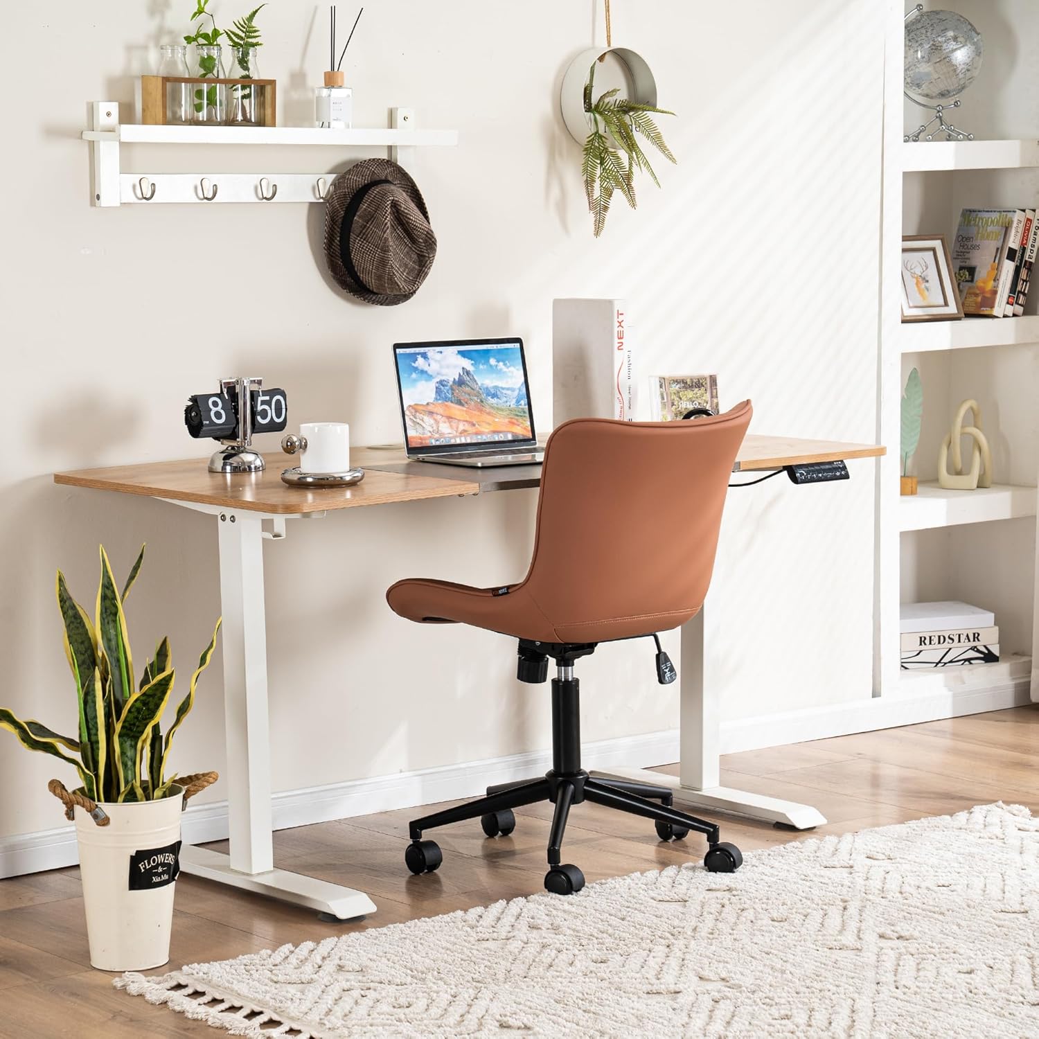 YOUNIKE Silla de oficina giratoria sin brazos de cuero con ruedas, silla de computadora tapizada ajustable con respaldo reclinable y giratorio,