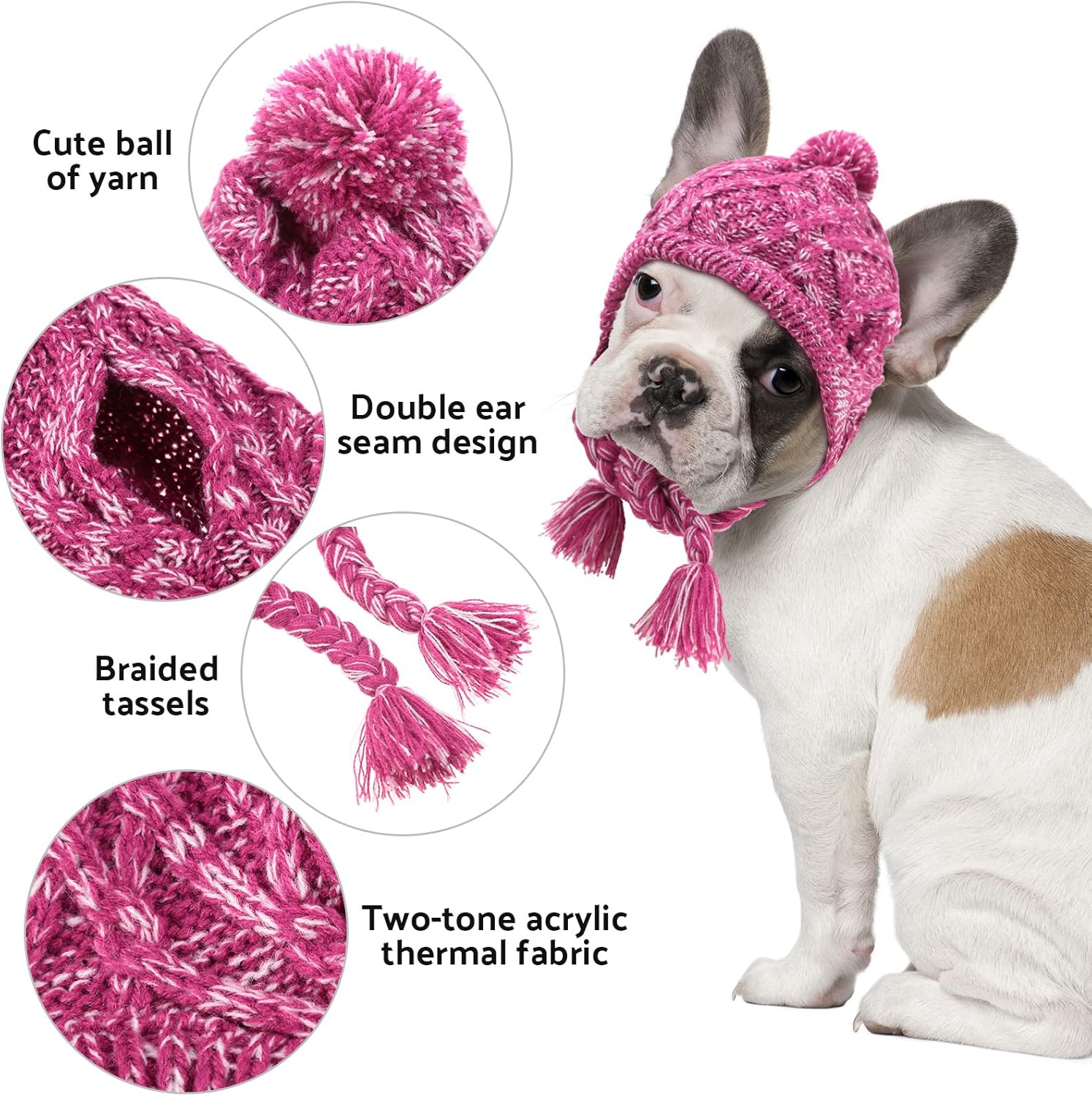 Gorro de invierno para perro, 2 piezas, cálido gorro de pompón, gorro de punto para perro cachorro con agujeros para las orejas, gorro de punto para