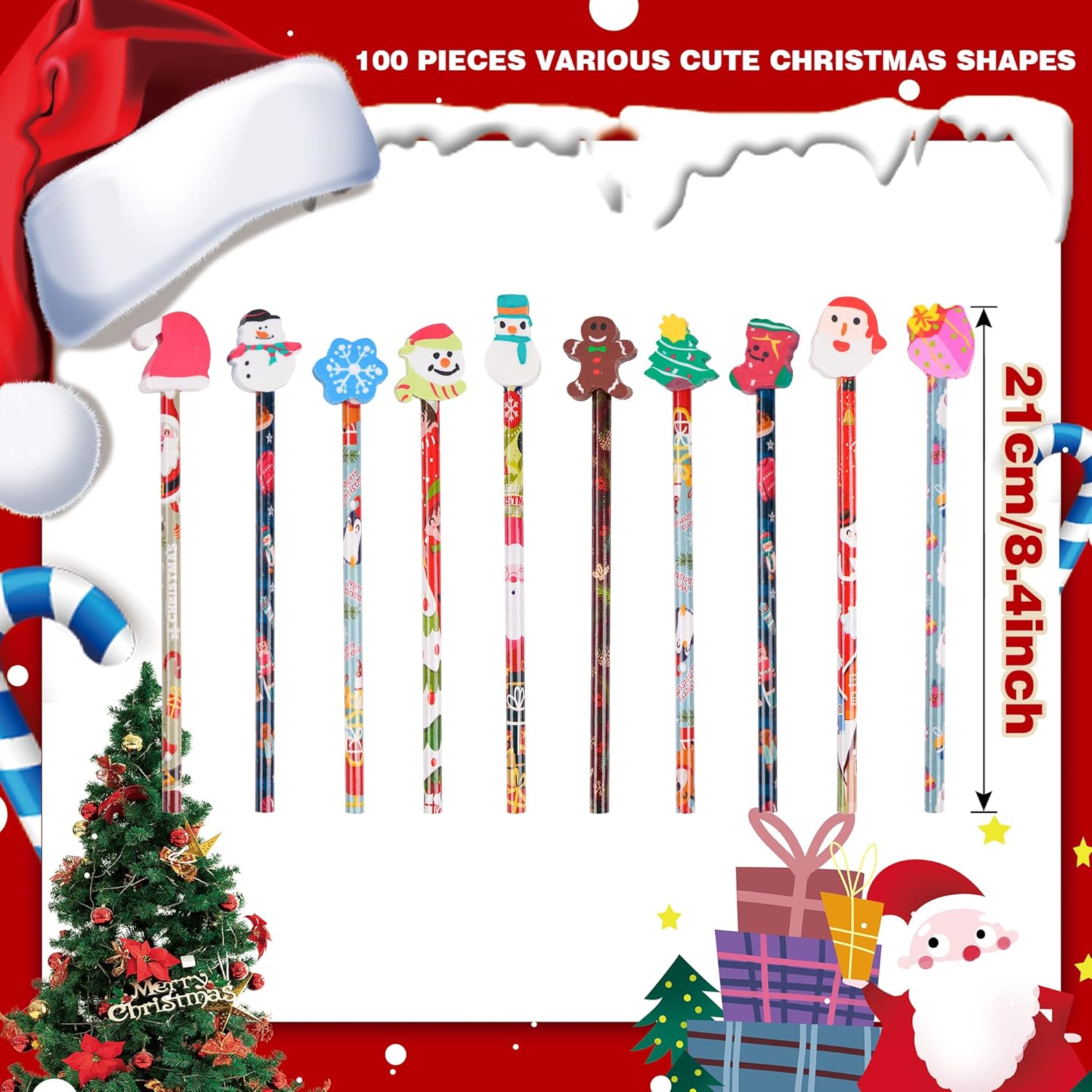 100 lápices de Navidad, lápices de madera de copo de nieve con muñeco de nieve gigante, borrador de árbol de Navidad, surtido de lápices de