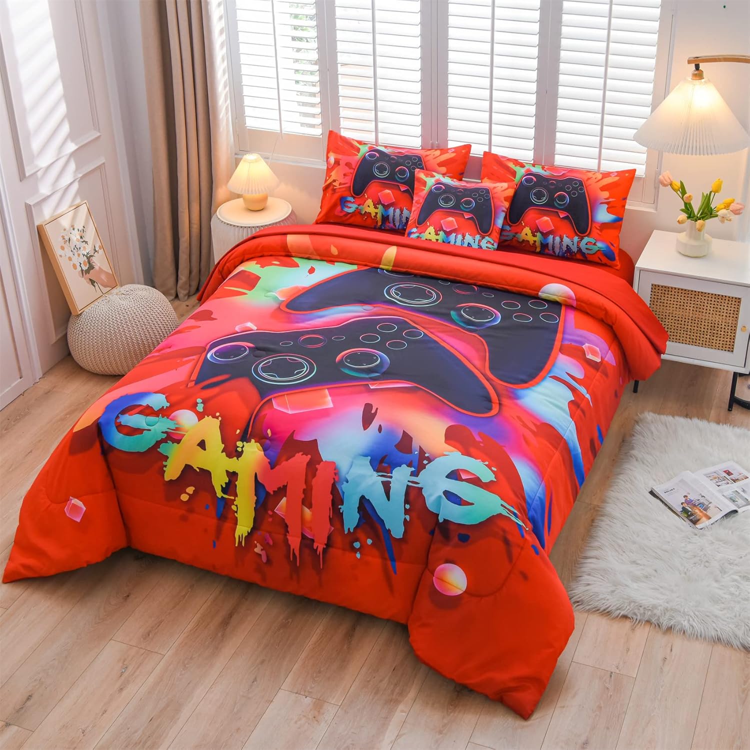 Aimuan Juego de ropa de cama con estampado de consola de videojuegos en 3D para niños, consola de juegos, botones de acción, controlador de juegos