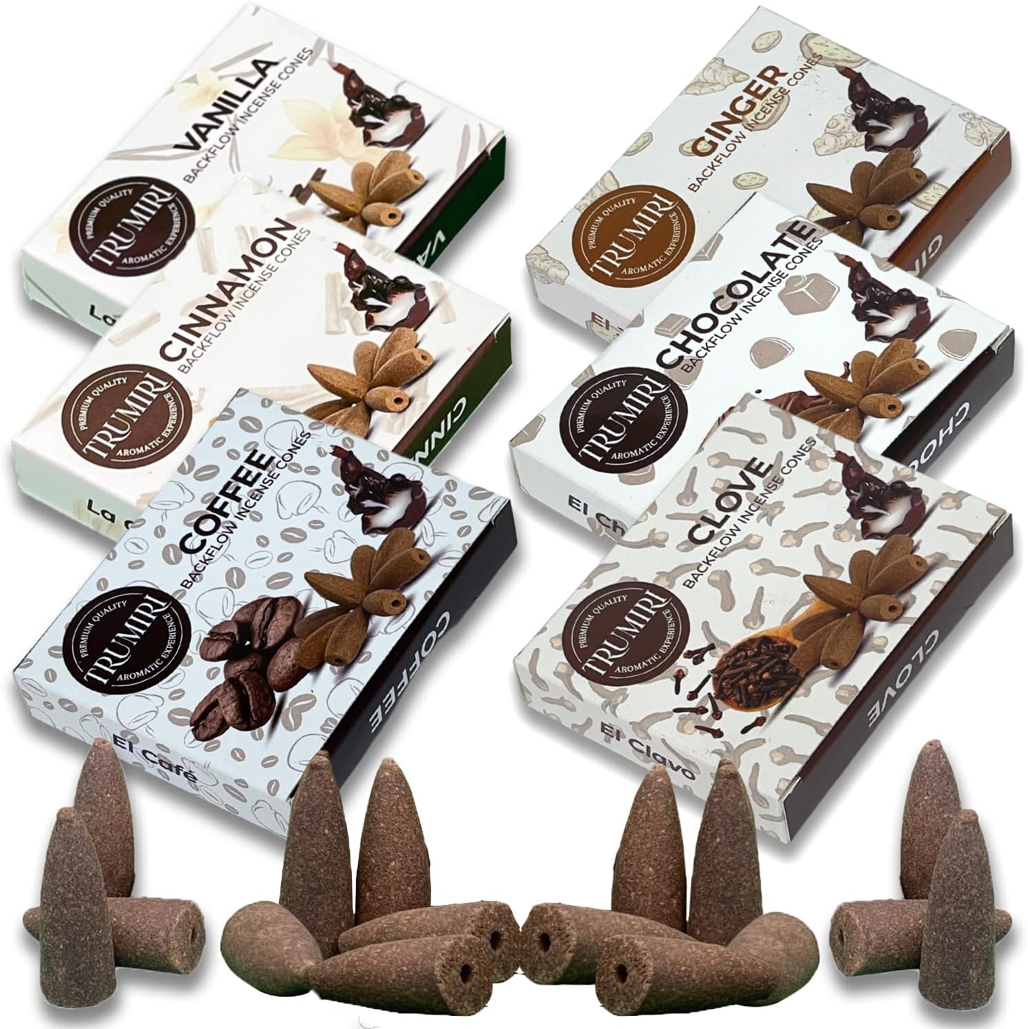Trumiri Conos de incienso gourmet de reflujo  Paquete variado  Total 60 conos de incienso cascada (6 aromas x 10 conos)  Vainilla, canela, café,