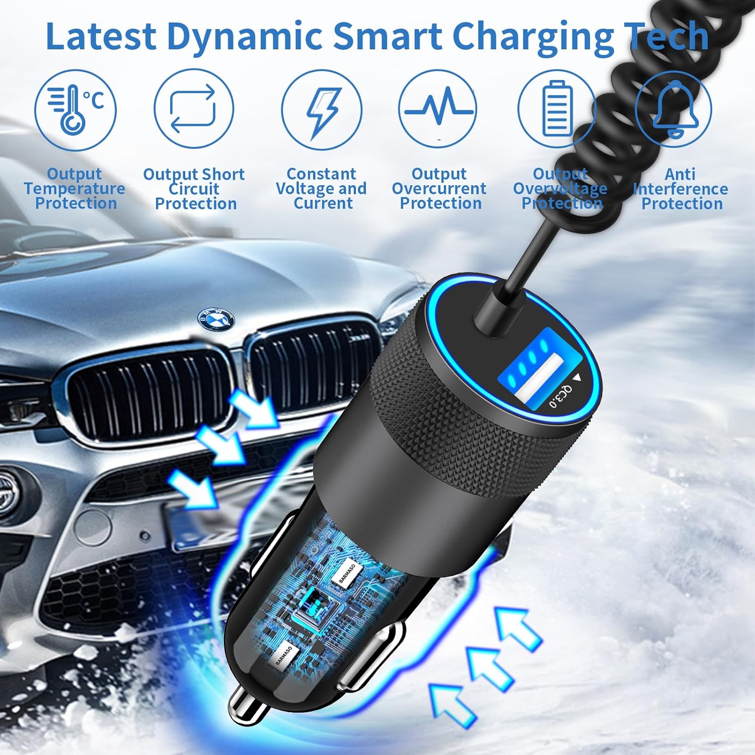 Apple MFi Certified iPhone Charger Fast Car Charging, BARMASO 66W USB-C PD&QC3.0 Power Rapid Car Charger + Built-in 6FT Lightning Coiled Cord Quick