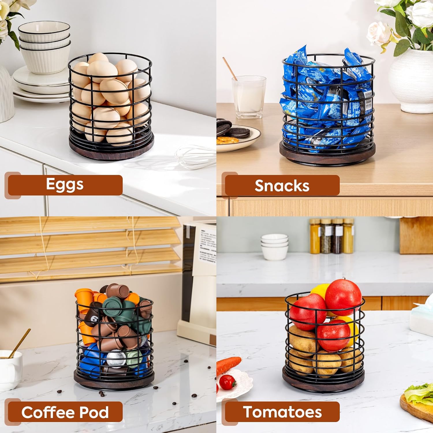 Soporte giratorio de 360 para encimera de cocina, soporte de utensilios de cocina grande de metal y madera de 6.5 pulgadas con orificio de drenaje,