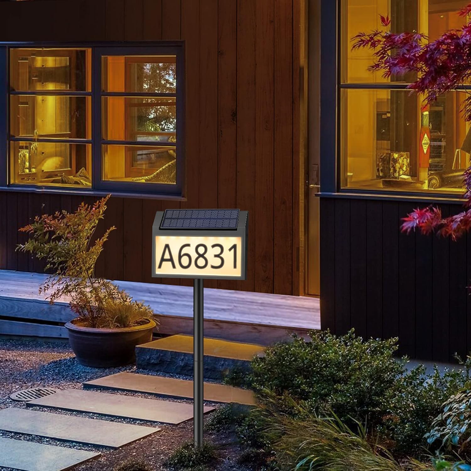MAXvolador Letrero de dirección solar iluminado, números de casa impermeables, placas de dirección iluminadas con luces LED solares con estacas, 3
