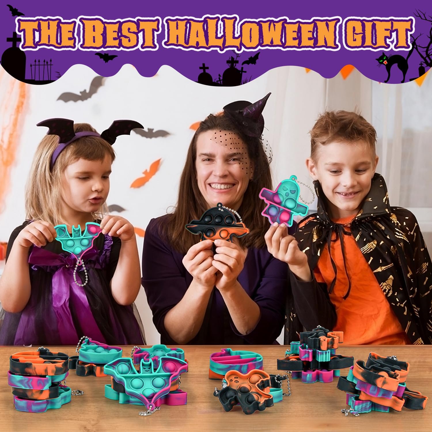 Llavero de Halloween Pop Fidget Toys, paquete de 24 mini llaveros a granel, juguetes de Halloween y recuerdos de fiesta para niñas y niños, alivia