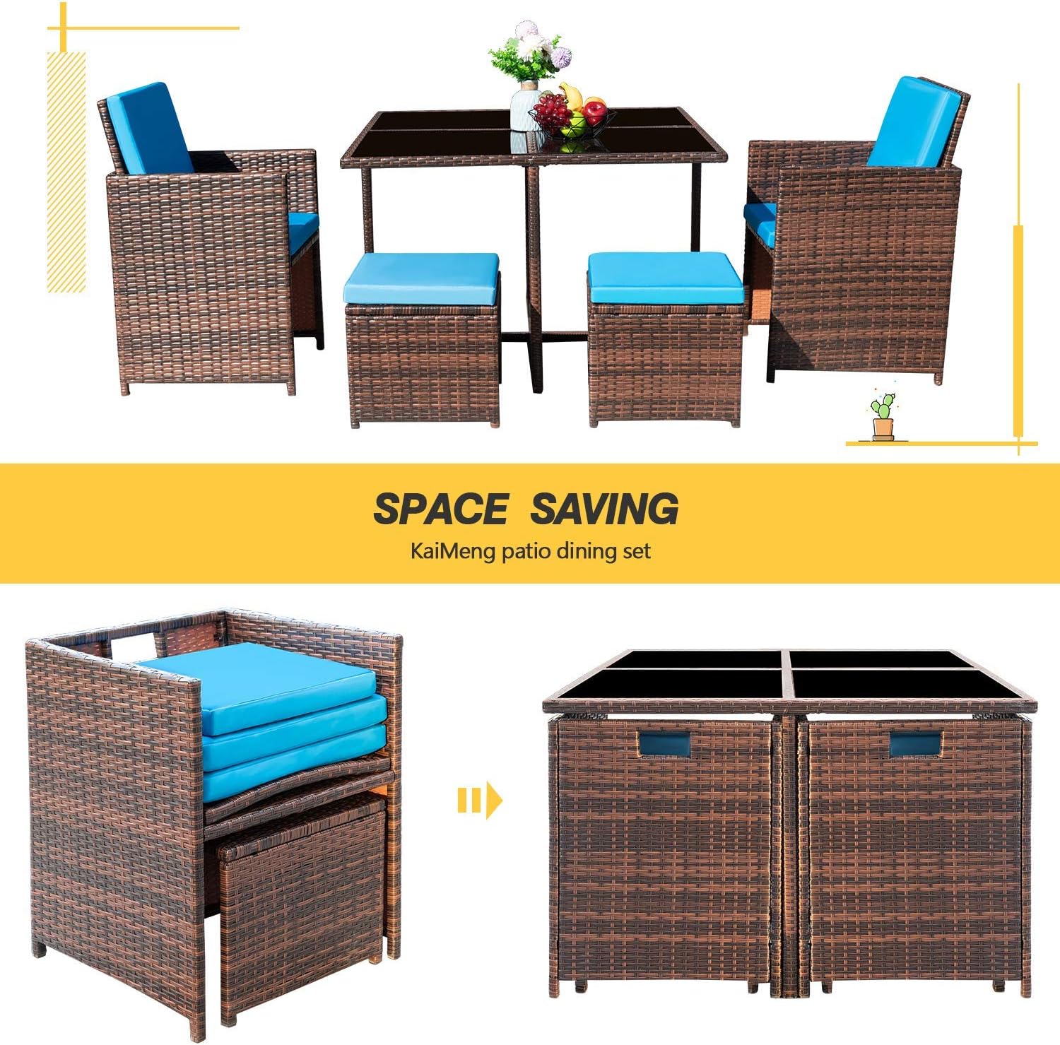 KaiMeng – Juego de comedor de 5 piezas para patio, sillas de mimbre marrón y negro, para exteriores, muebles de mimbre para balcón, porche con