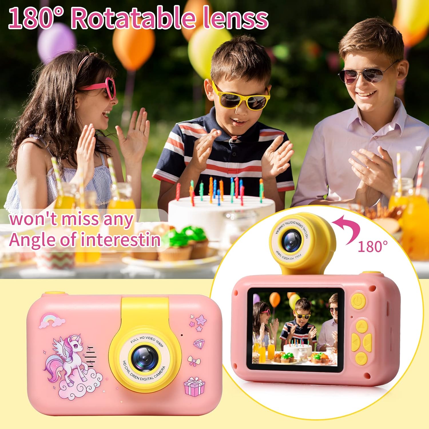 Cámara para niños, cámara digital con pantalla IPS de 2.4 pulgadas, cámara de lente abatible de 180, cámara selfie para niños con juego de
