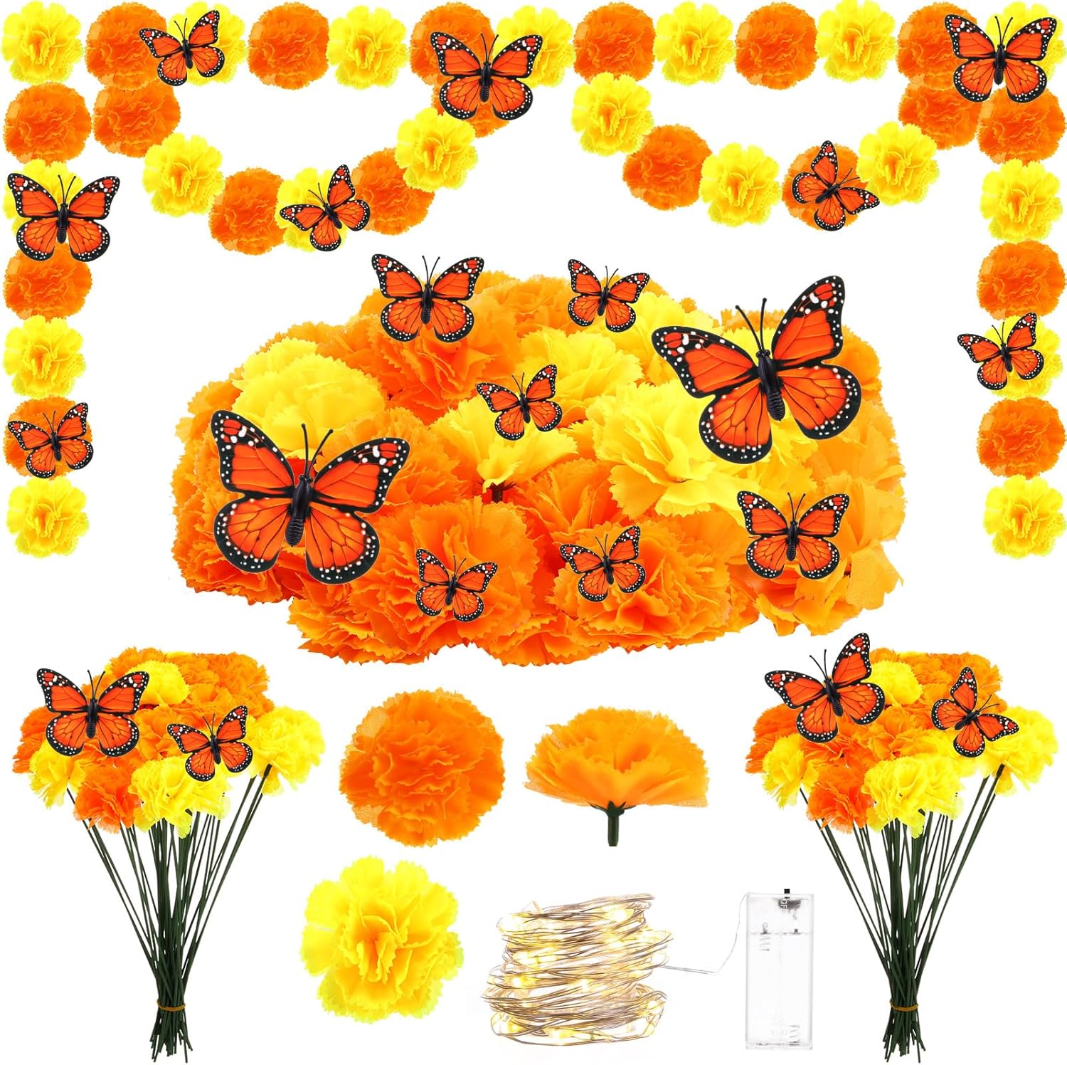 120 piezas de decoración del Día de los Muertos, flores artificiales de caléndula de seda con tallos, mariposas monarca falsas para Diwali Dia De
