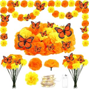 120 piezas de decoración del Día de los Muertos, flores artificiales de caléndula de seda con tallos, mariposas monarca falsas para Diwali Dia De 120 piezas de decoración del Día de los Muertos, flores artificiales de caléndula de seda con tallos, mariposas monarca falsas para Diwali Dia De