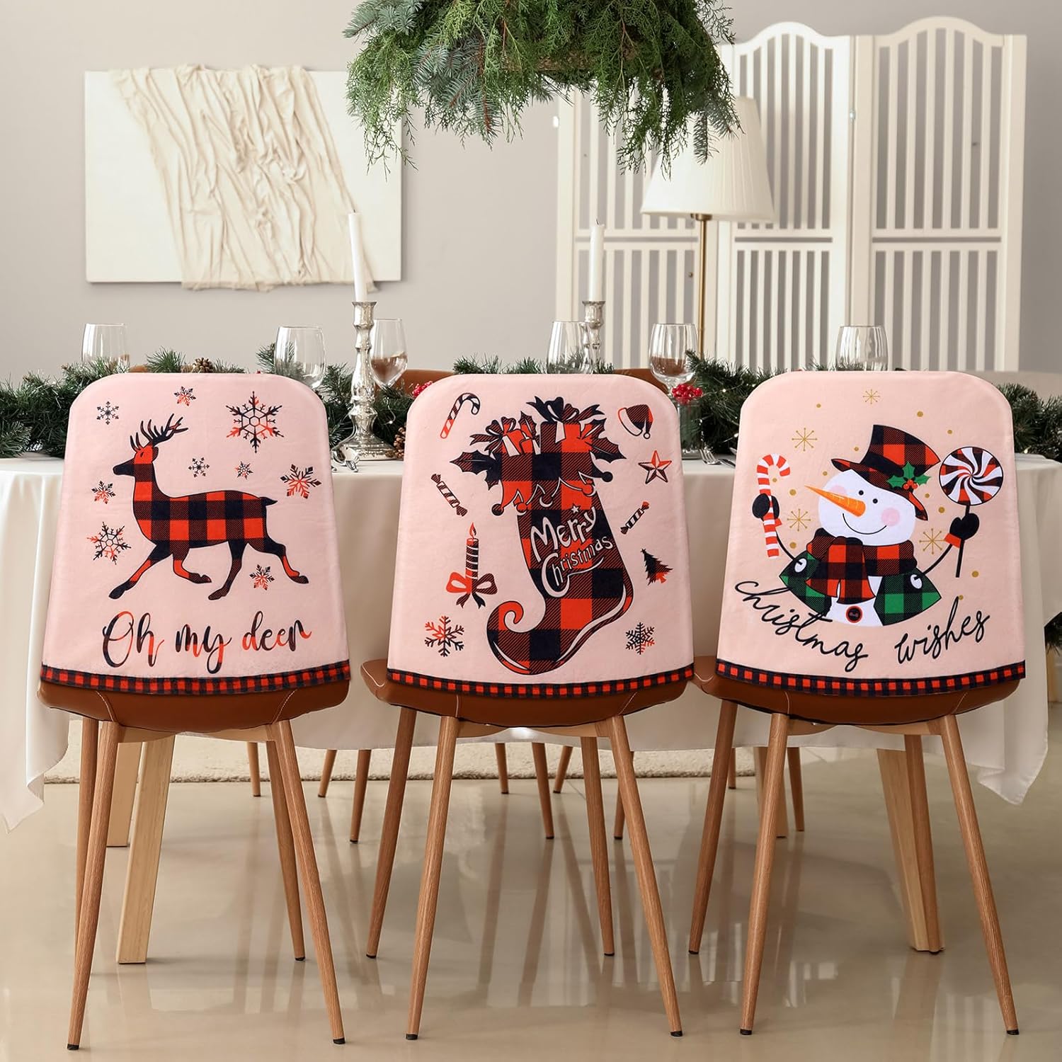 Ganeen 6 fundas para sillas de Navidad, sombrero de Papá Noel, zapatos de elfo, de fieltro a cuadros, fundas para sillas de comedor de Feliz