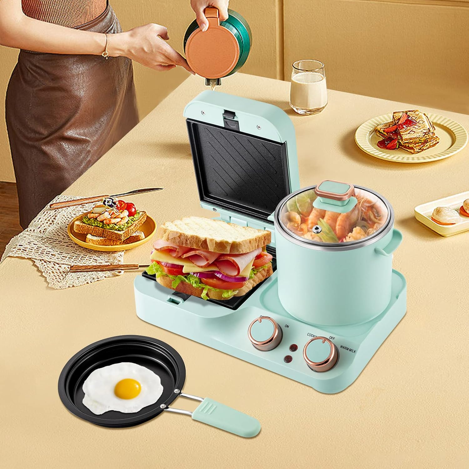 Sandwichera de desayuno con olla hirviendo, estación de desayuno 3 en 1, mini tostadora eléctrica retro para el hogar con sartén y bandeja,