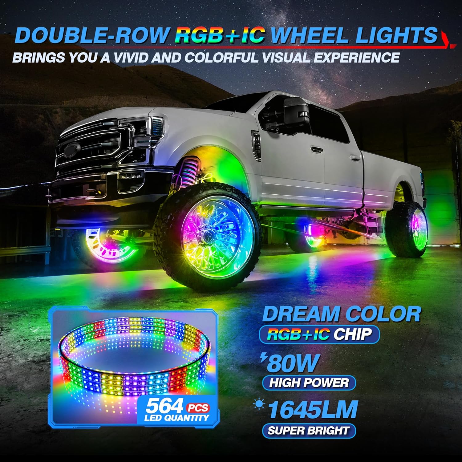 MICTUNING Kit de luces de anillo de rueda de color V1 RGB+IC de 15 pulgadas con control de aplicación, luces de neón de doble fila de luces de