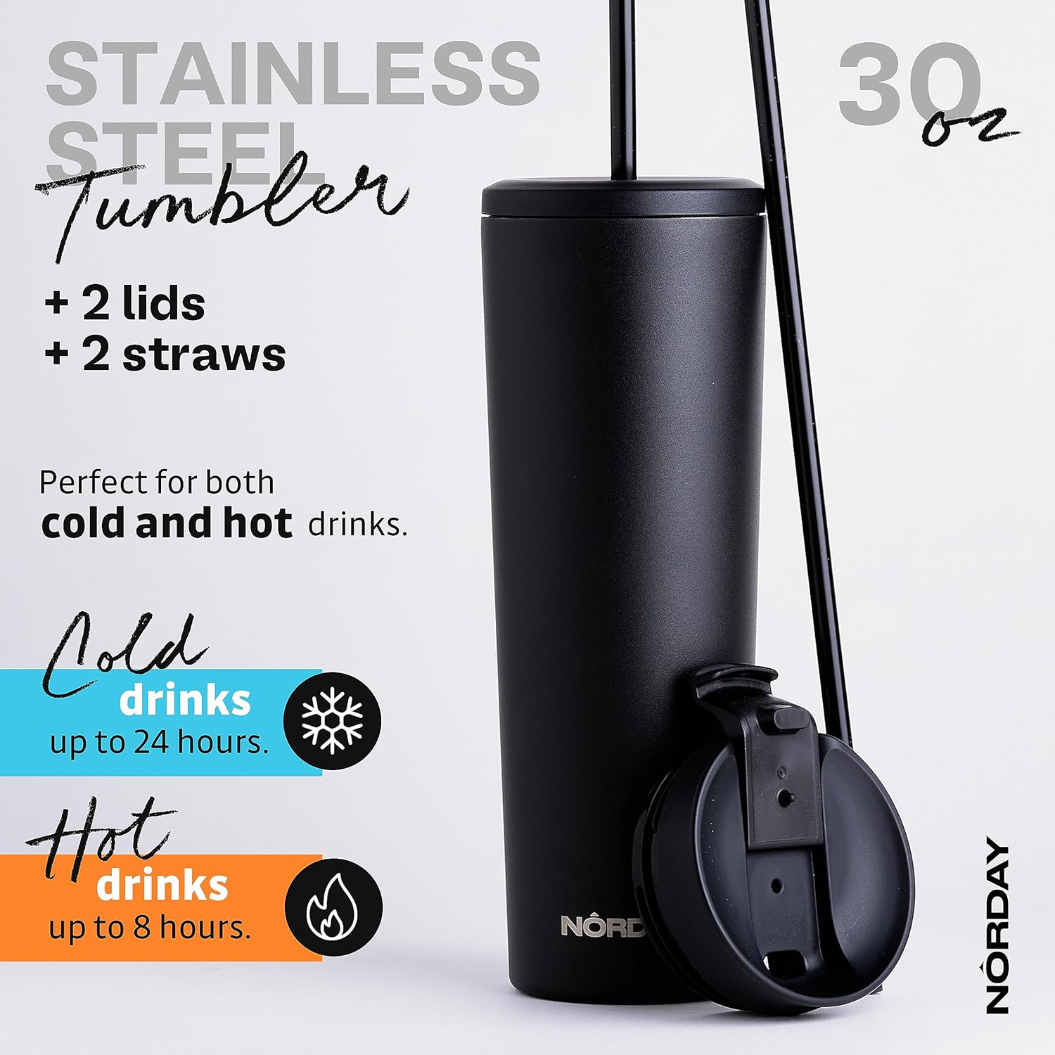 NORDAY Vaso con tapa y popote  Bloom 30oz  Vaso aislado negro  Vaso de acero inoxidable  Taza de café de doble pared  Mantiene la temperatura