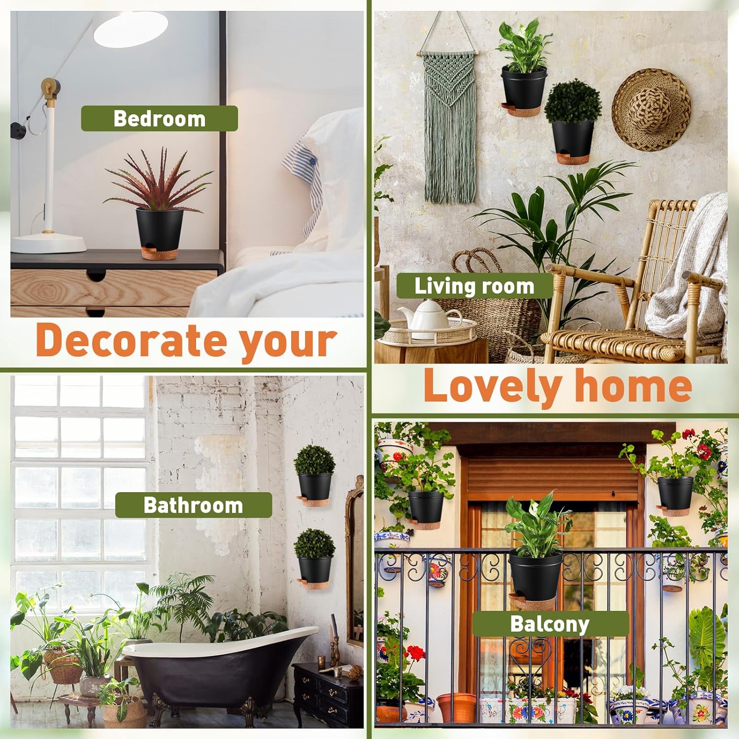 12 juegos de macetas de pared para plantas de interior de 6 pulgadas, con riego automático, 12 macetas de metal dorado con anillo de soporte y